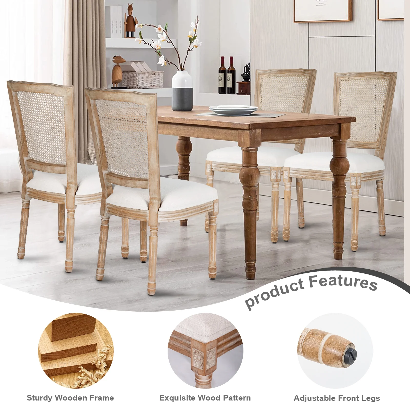 French Dining Chairs Set of 2 Beige Natural Fabric Round Back with Solid Wood Legs and Frame for Bedroom Dining Room Kitchen - Image 18