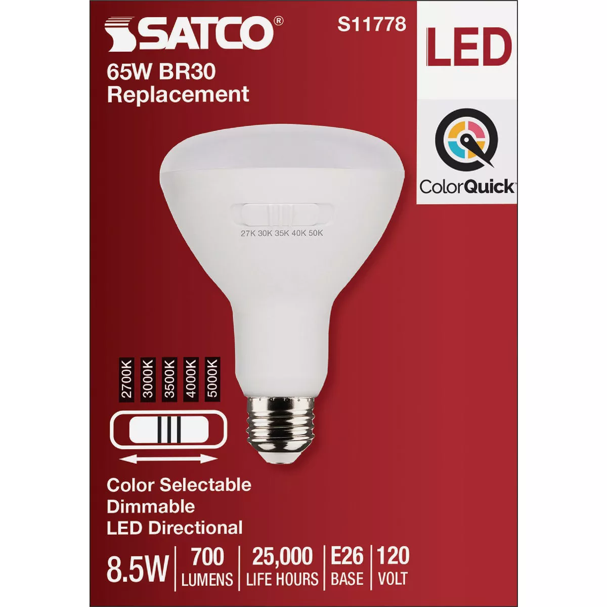 Satco 65W Equivalent 5CCT-Selectable BR30 Medium Dimmable LED Floodlight Bulb