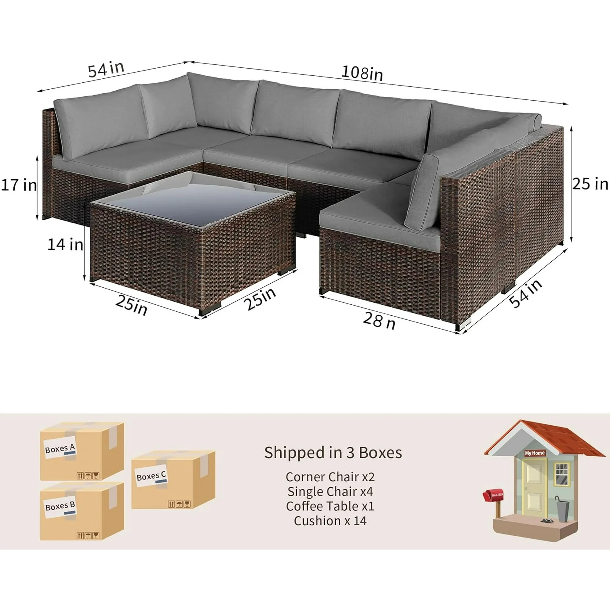 7 Pieces Outdoor Patio Furniture Set, Lofka PE Rattan Sectional Sofa with Tempered Glass Coffee Table & All-Weather Cushions, Patio Conversation Set for Garden, Poolside (Grey)
