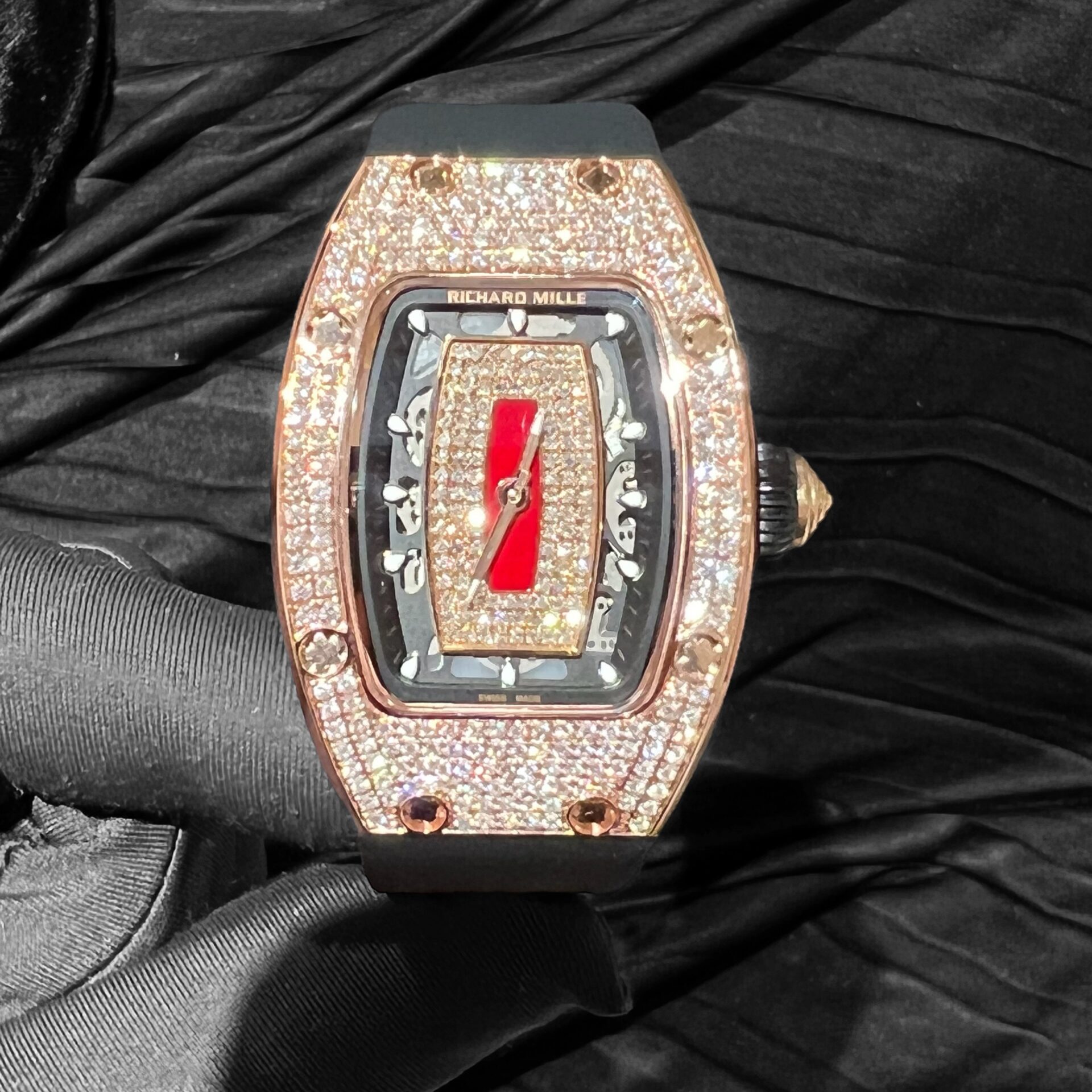 Richard Mille RM007 Replica Watch Rose Gold Wrapped With Full Natural Diamond 36mm - Elite Watch Atelier