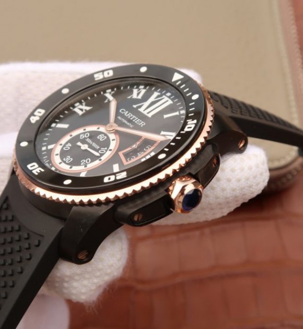 Replica Cartier JJF Calibre De Cartier Diver DLC Black Dial RG Bezel Black Rubber Strap A23J - Top club