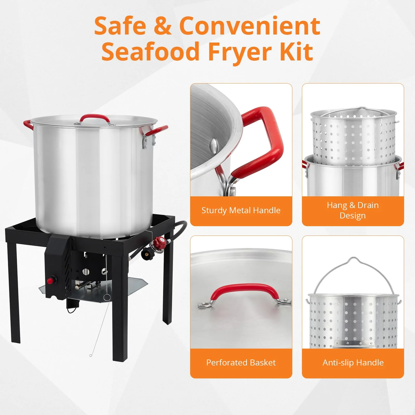 Turkey Deep Fryer Pot, 100 Qt  Aluminum Seafood Boil Pot w/Strainer & Burner Set Crafish Boiler, 110000 BTU Propane Stove Burner