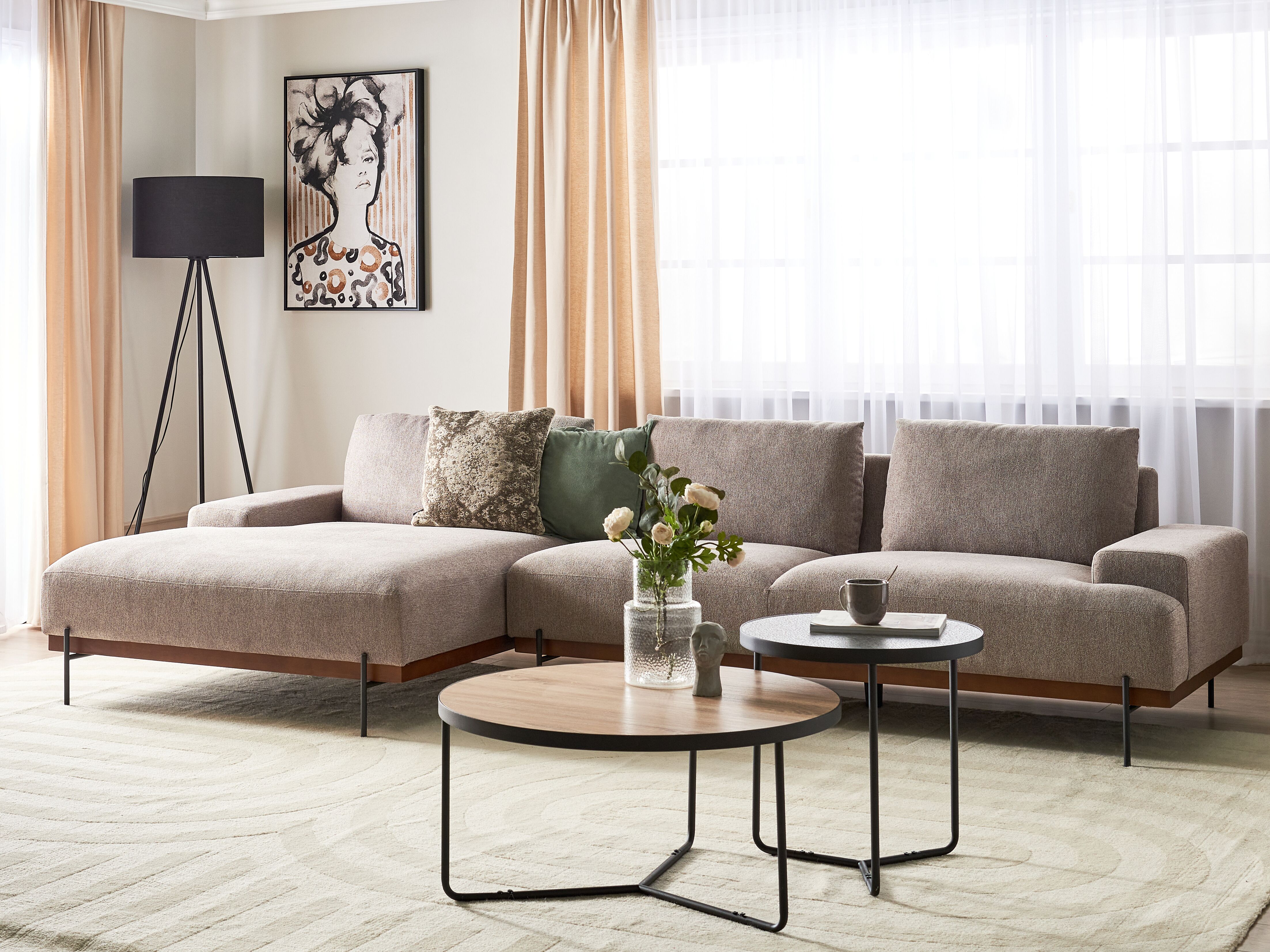Corner Sofa 4 Seater MARIFERD Fabric Light Brown Right Hand