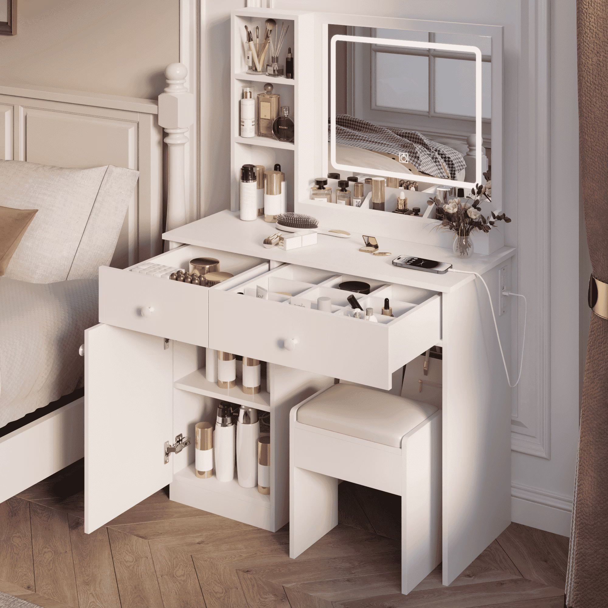 Montary Modern Mini Vanity w/Adjustable LED Mirror + Hidden Storage, Padded Stool & Dustproof Shelves (White) - Image 9