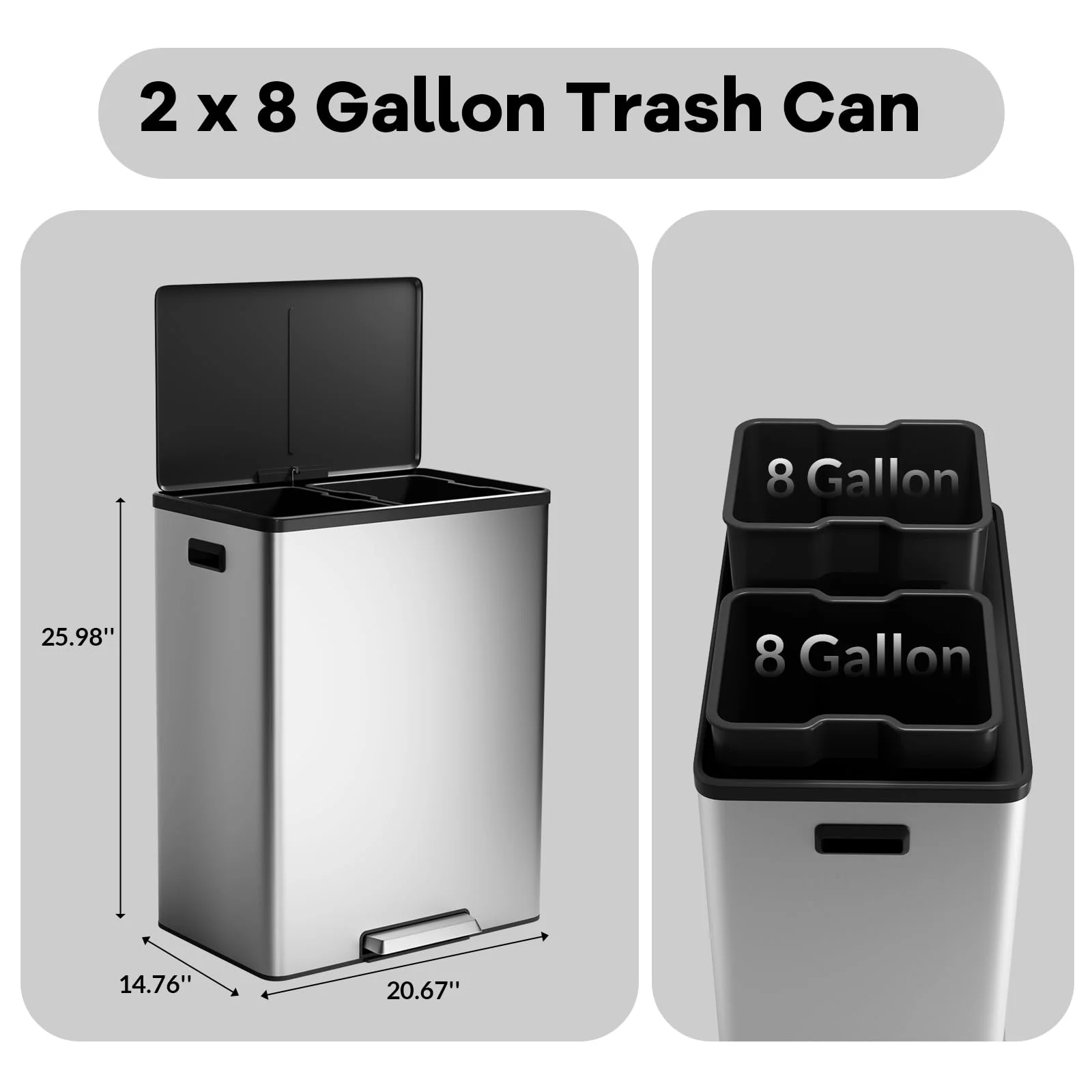 JoanKaren 16 Gallon Stainless Steel Dual Compartment Step Kitchen Trash Can with Lid & 2 Removable Wastebaskets,Kitchen Garbage Can & Recycling Bin,Black - Image 13