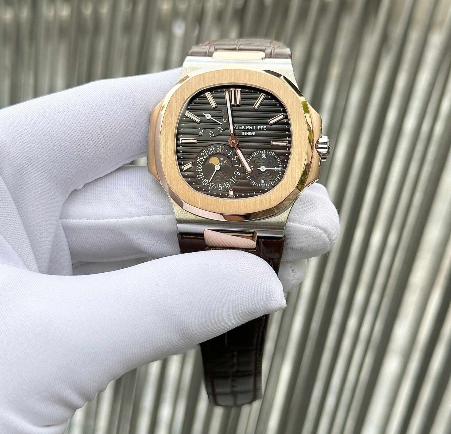 Patek Philippe Nautilus 5712 Demi Rose Plated Leather Strap Rep 11 Watch Factory GR 40mm - Elite Watch Atelier