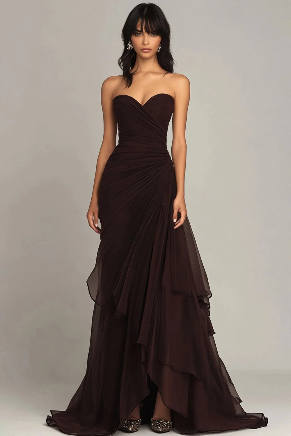 Black Sweetheart Ruched Ruffled Long Formal Dress