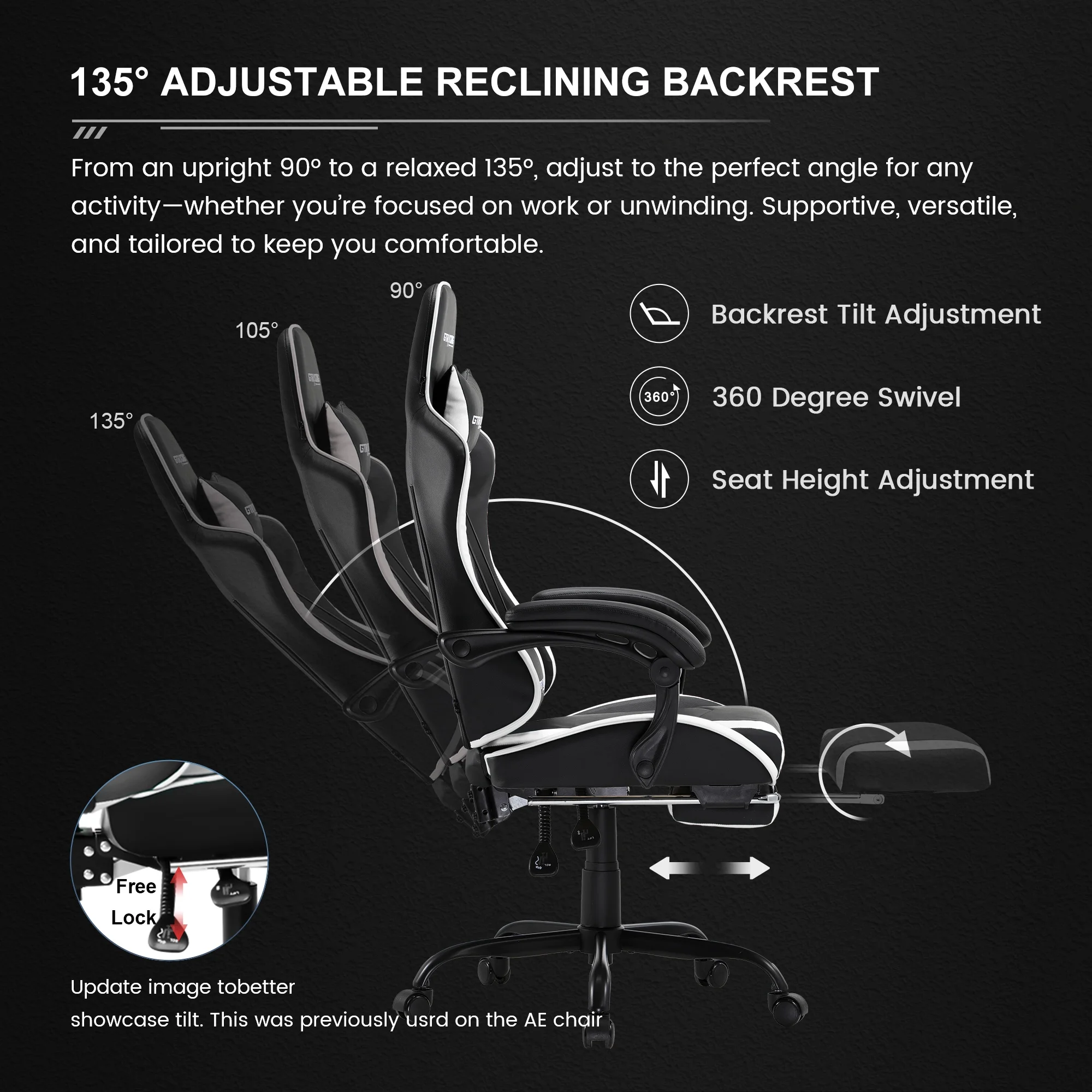 GTRACING GTWD-200 Ergonomic Gaming Chair with Adjustable Pillows and Footrest , White - Image 11