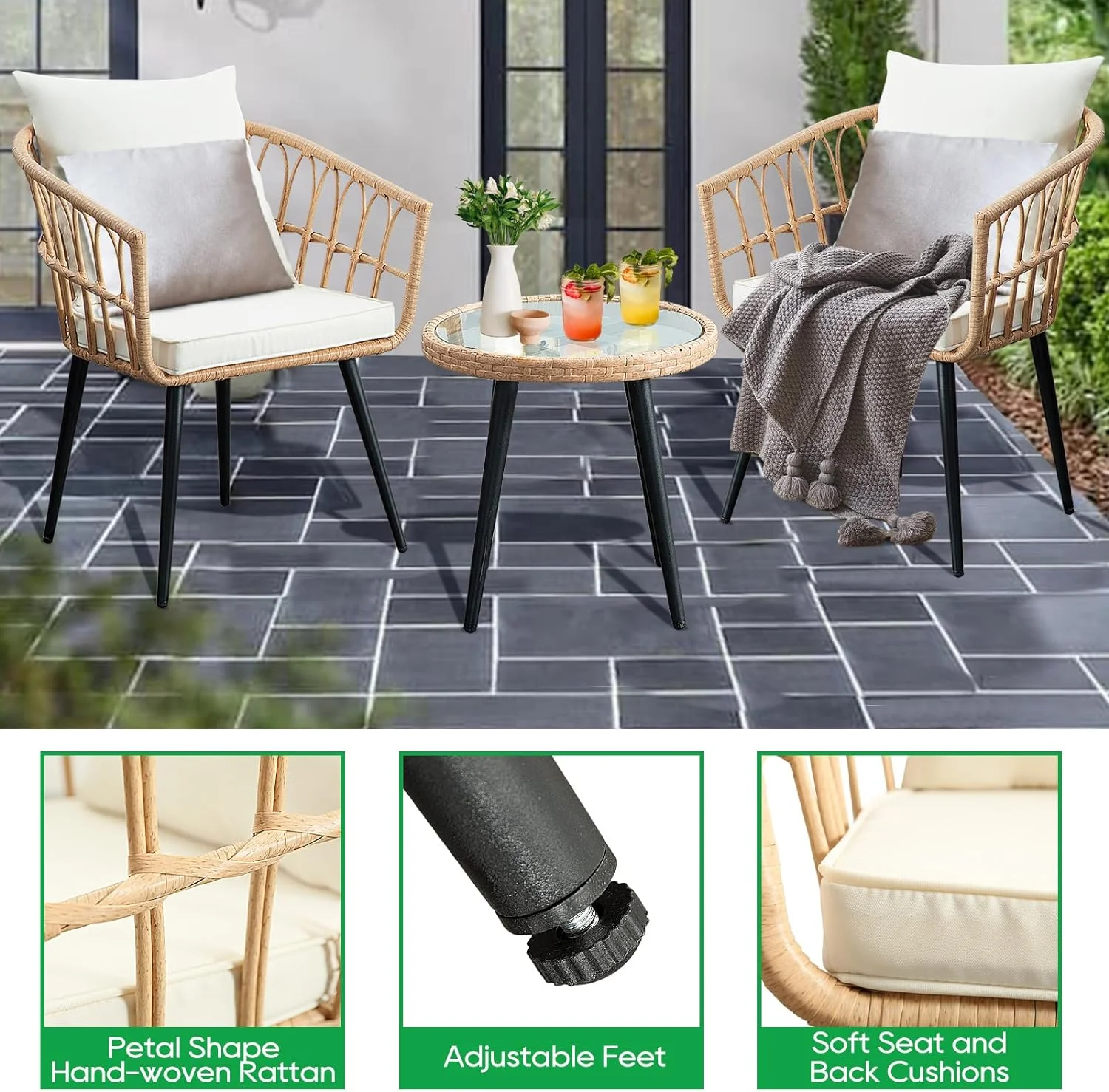 FHFO 3 Piece Patio Bistro Set, Outdoor Wicker Apartment Balcony Furniture Sets, Rattan Table and Chairs Set of 2 for Porch Backyard Lawn Poolside Deck, Beige - Image 6