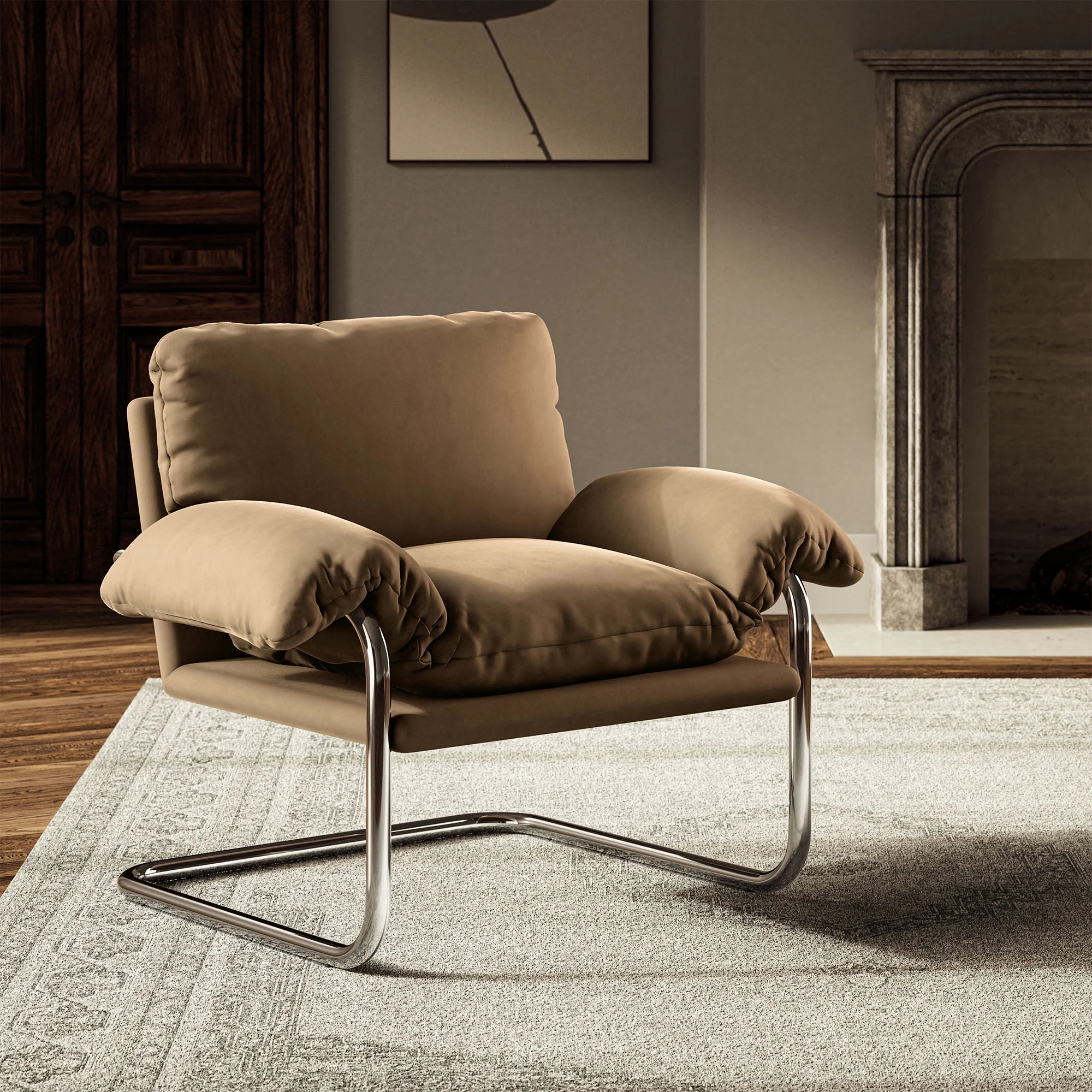 Accent Chair, Brown, Velvet, Living Room Lounge Cafe Lobby Hospitality Restaurant, Modern Contemporary, HB37765 - Image 2