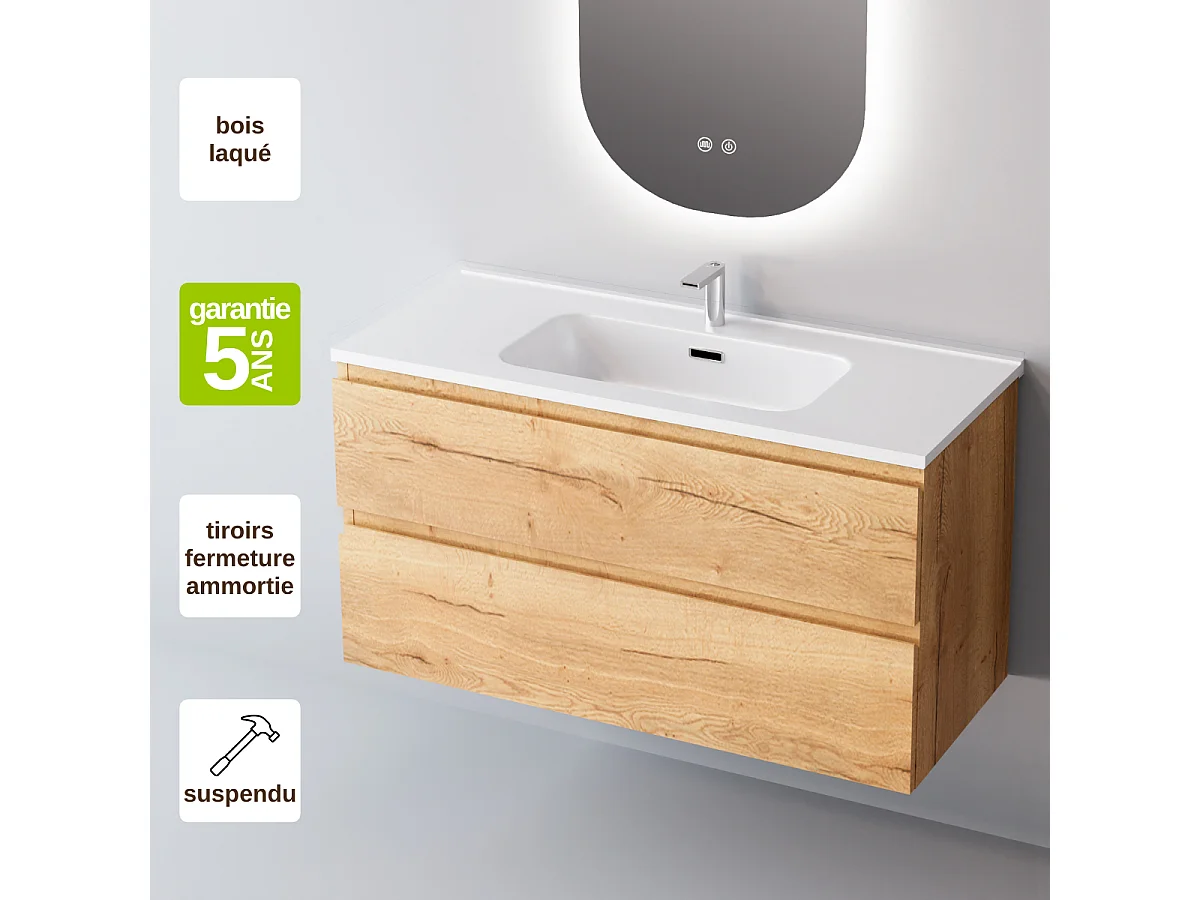 Meuble Salle de Bain STEP 80cm, Plan Vasque Céramique, 2 Tiroirs, Finition Chêne Clair, H 54cm x P 45cm