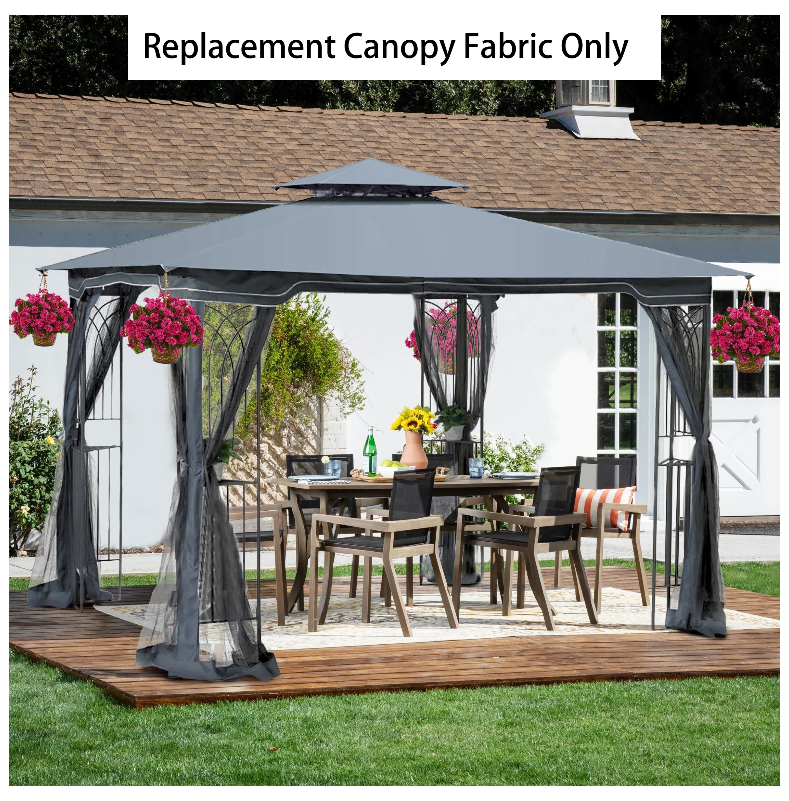 10x10 Ft Patio Double Roof Gazebo Replacement Canopy Top Fabric, Gray