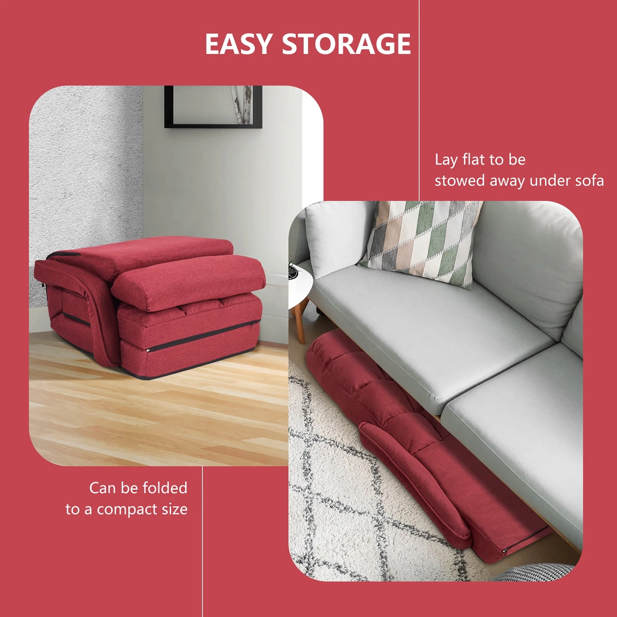 Costway Folding Floor Armchair w/ 6-position Adjustable Back & Lumbar Pillow Red - Image 8