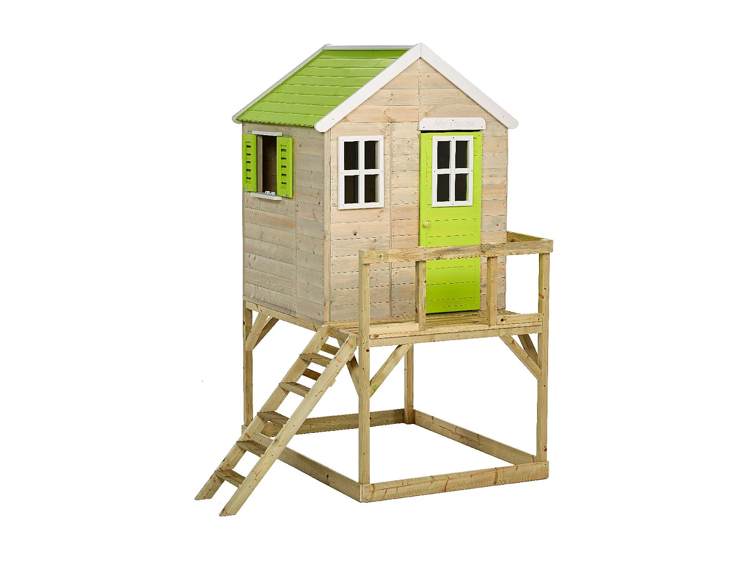 KANGUI Maisonnette Enfant Extérieur en Bois TINNI avec Plateforme - Toit Étanche - Vert & Blanc