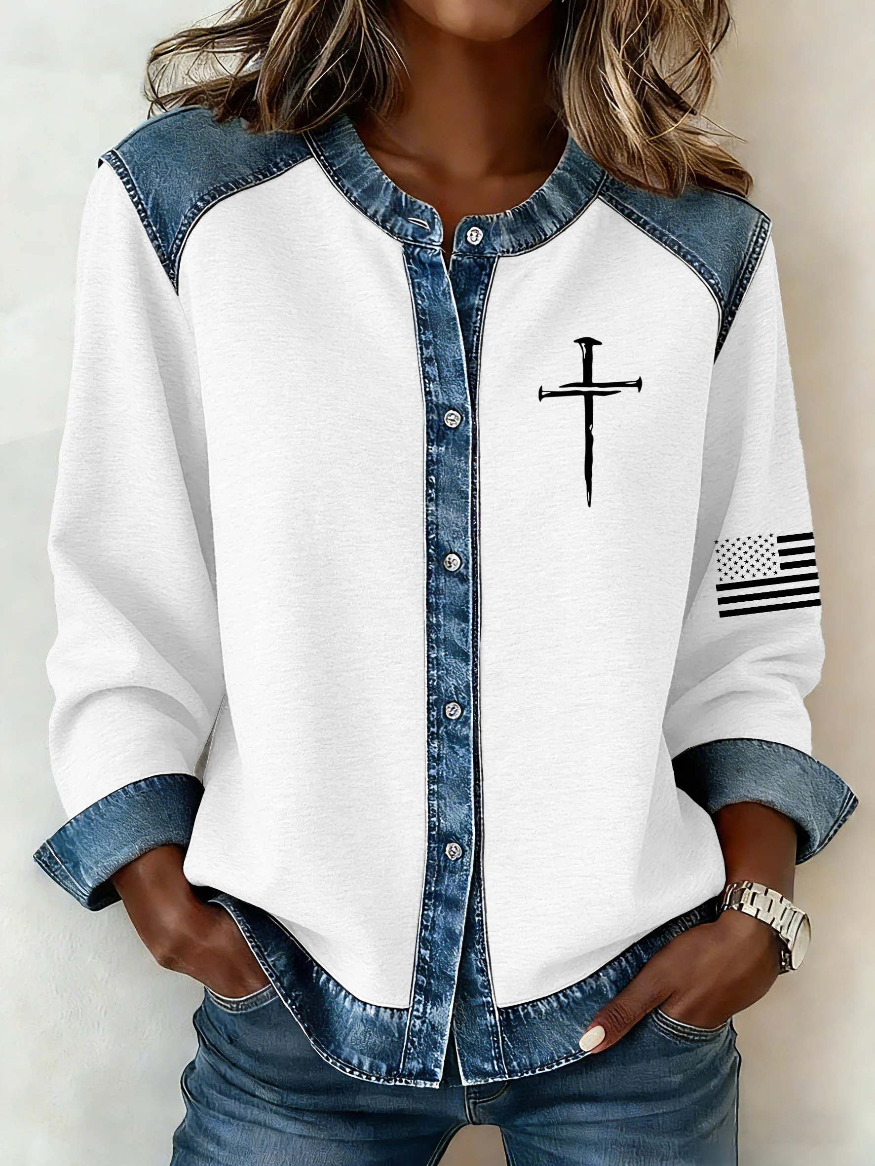 Women's Vintage Faith Cross Button Design Sweatshirt