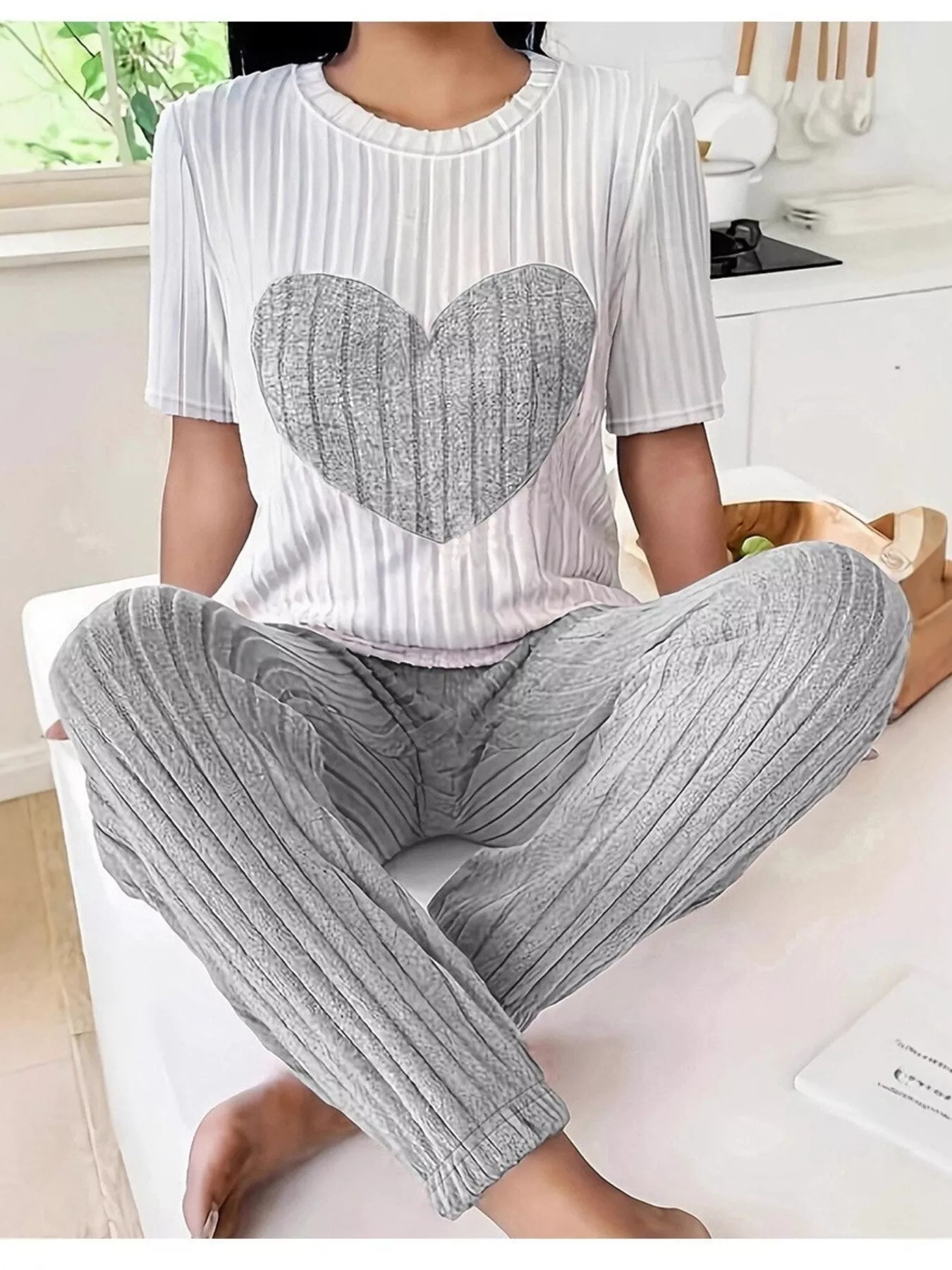 Heart Ribbed Knit Top and Pants Lounge Set - ZKZOOK