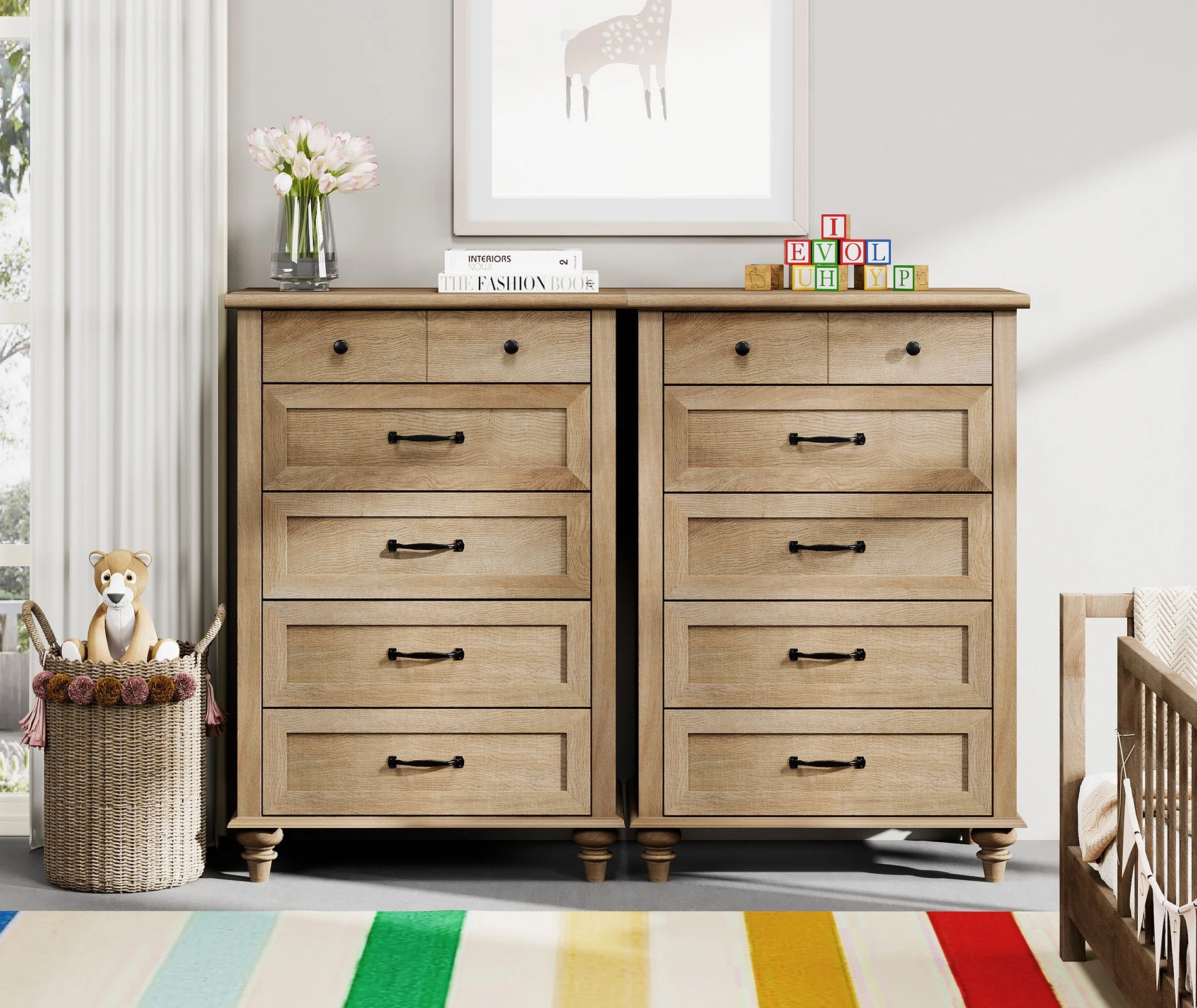 Oak Kids Dresser for Bedroom with 10 Wide Chest of Drawers, Wood Dressers for Living Room, Nursery, Hallway,White