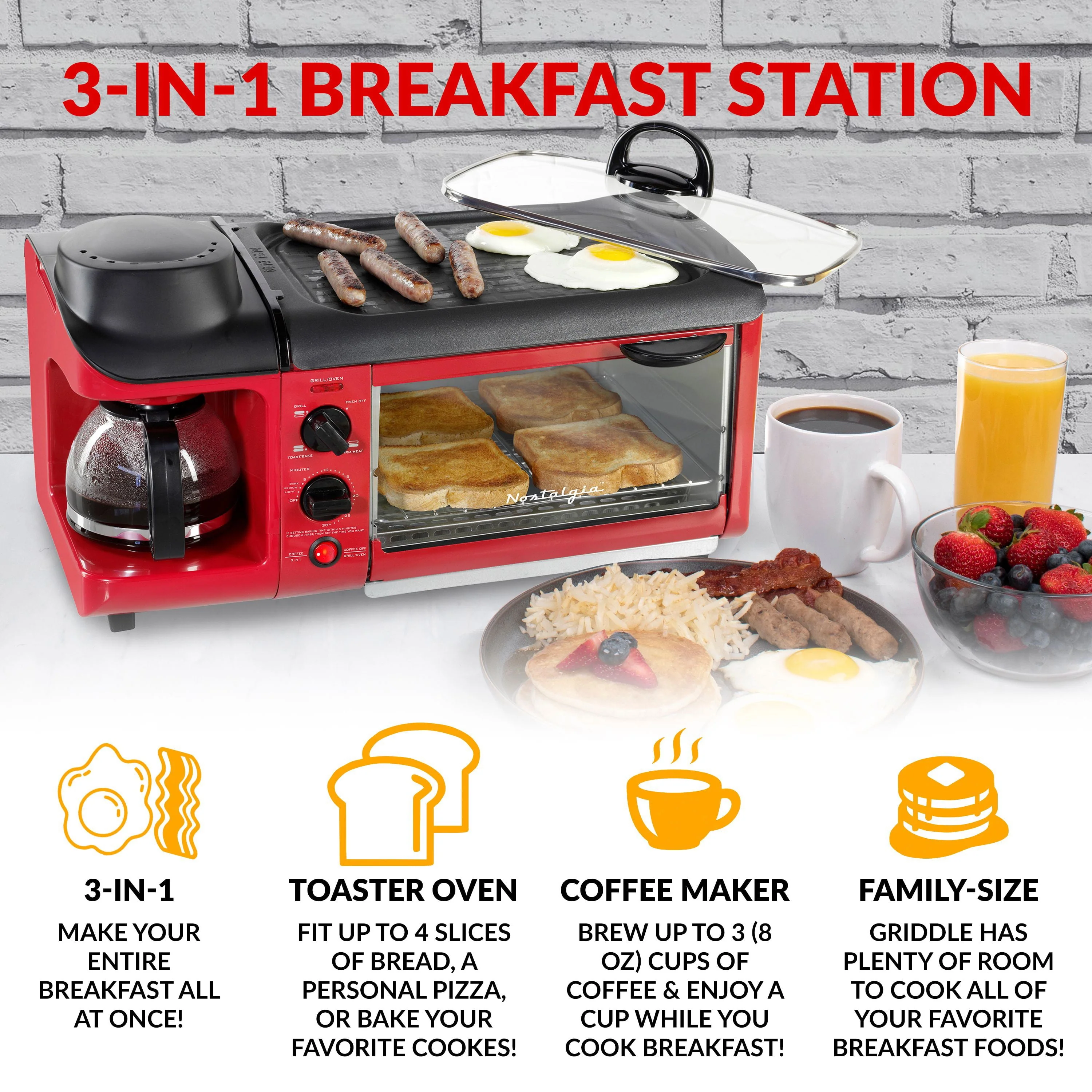 BST3RR Retro 3-in-1 Family Size Electric Breakfast Station, Coffeemaker, Griddle, Toaster Oven - Retro Red