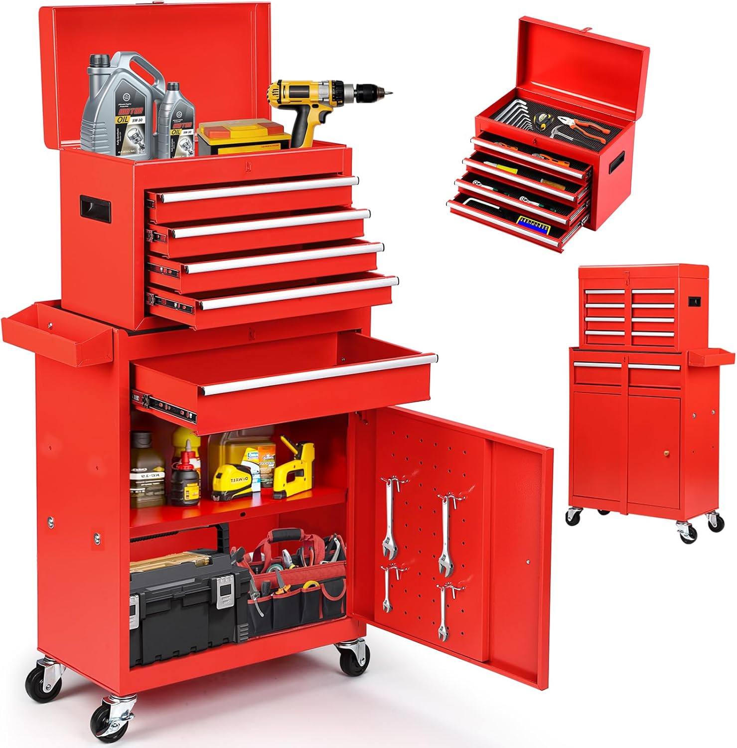 Dawmilon 5-Drawer Rolling Tool Chest, Detachable Top Tool Box, Lockable Metal Tool Cabinet with Wheels, Adjustable Shelf and Liner for Garage Workshop Storage, Red