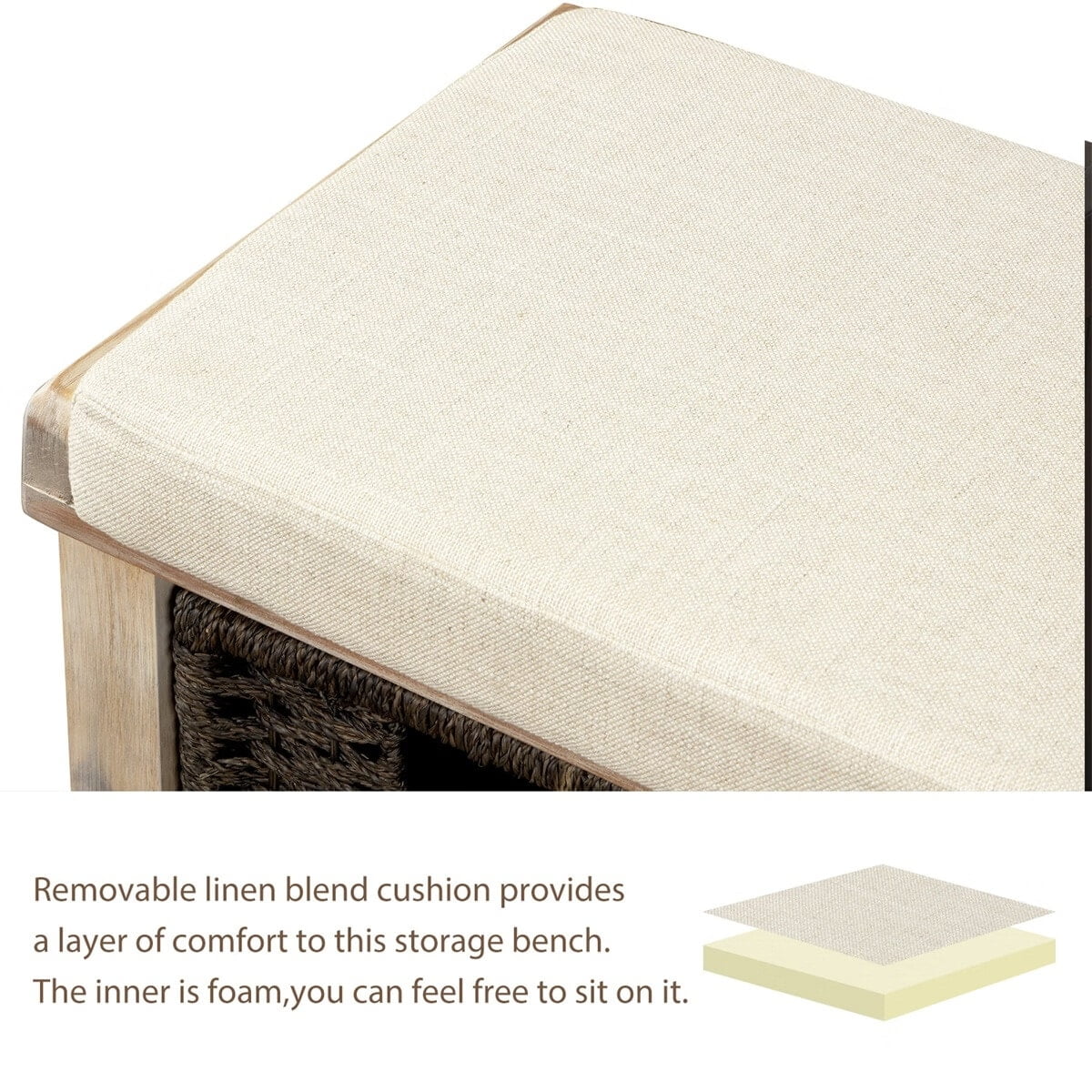MERAX  Entryway Storage Bench with 3 Removable Baskets and Cushion White Washed