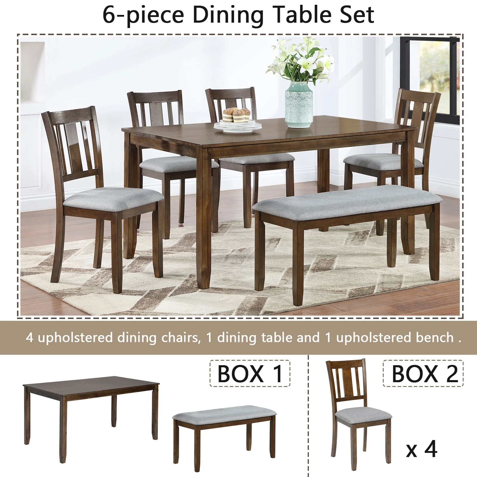 Dining Room Set, LEGAHOME 6 Piece Dining Sets with Bench and Chairs, Solid Wood Kitchen Dining Table Set for 6 with Upholstered Chairs, Gray - Image 29