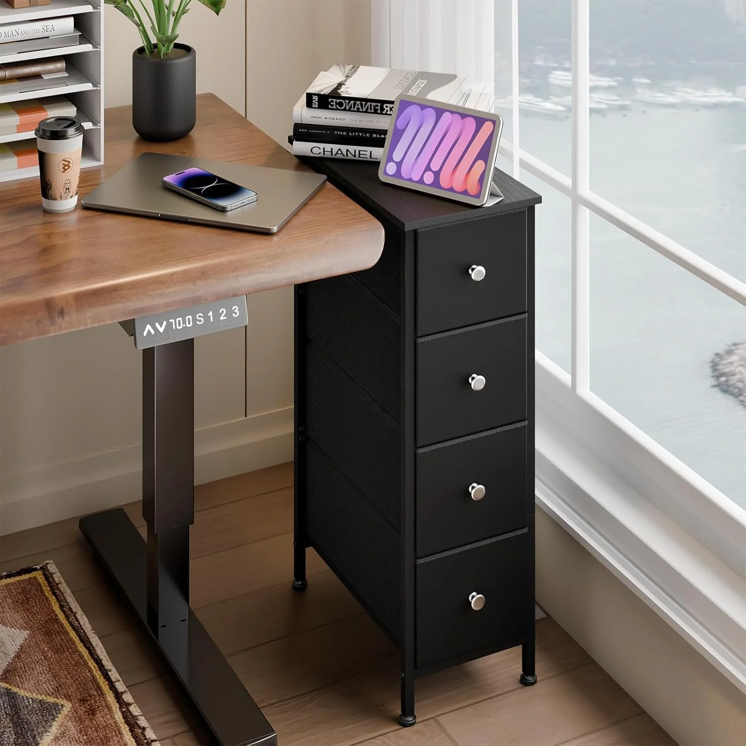 Black Narrow Storage Cabinet with 4 Fabric Drawers, Slim Storage Dresser - Image 7 Black Narrow Storage Cabinet with 4 Fabric Drawers, Slim Storage Dresser - Image 7