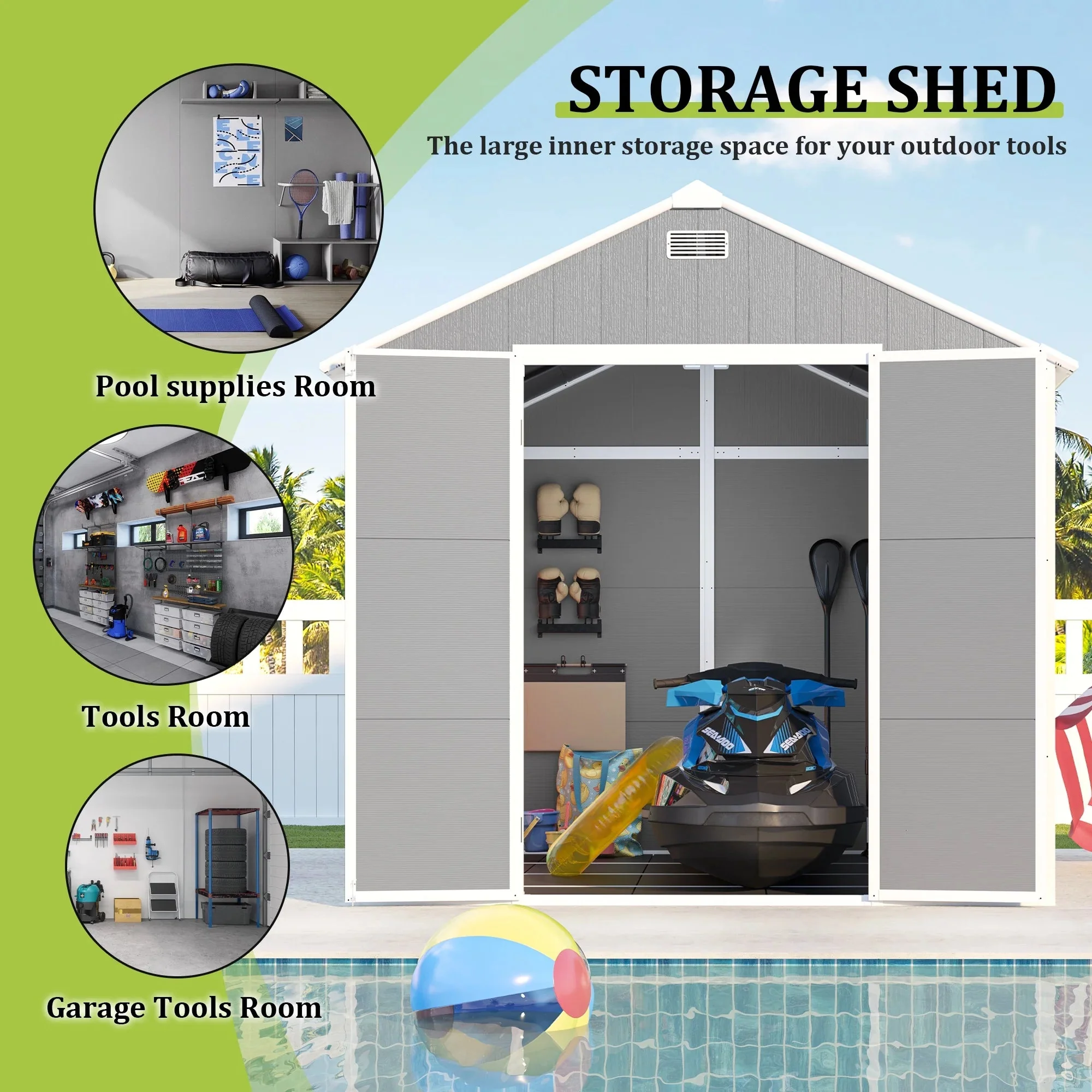Seizeen Outdoor Resin Storage Shed, 41 Cu. Ft. / 306 Gal, Gray, 3 Doors With Floor - Image 38 Seizeen Outdoor Resin Storage Shed, 41 Cu. Ft. / 306 Gal, Gray, 3 Doors With Floor - Image 38