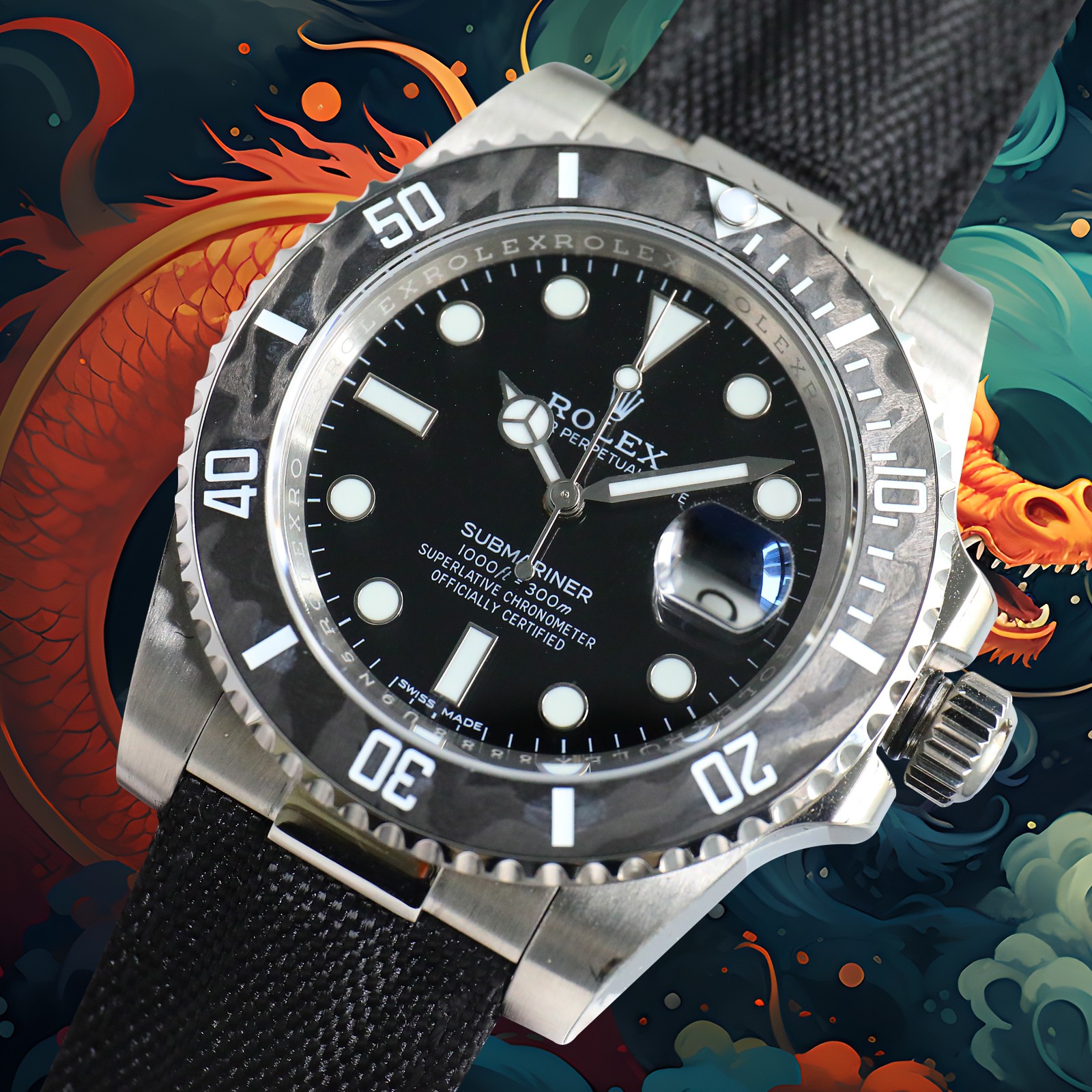 ROLEX Year of the Dragon Auspicious ?? ?? Submariner Carbon Fiber Bezel - Velcro Strap - Black(1:1 replica) - Top club
