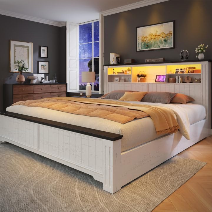 EnHomee King Bed Frame and Headboard, King Size Bed Frame with 4 Storage Drawers, King Bed with LED Lights & Charging Ports,No Box Spring Needed,NO Noise,Wooden, White