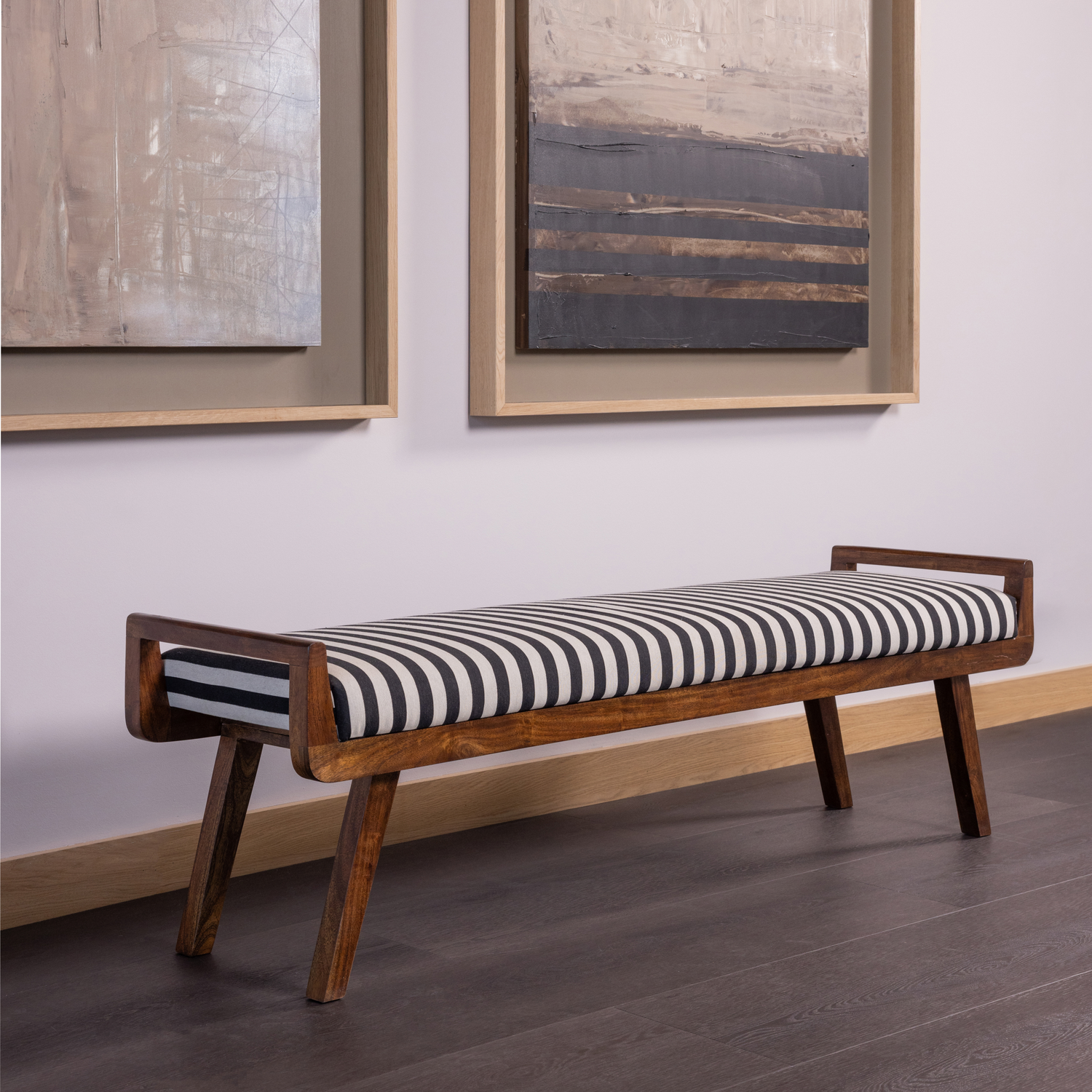 WOOOD Valo Bankje Gestreept - Acaciahout - Zwart Wit - 48x157x43