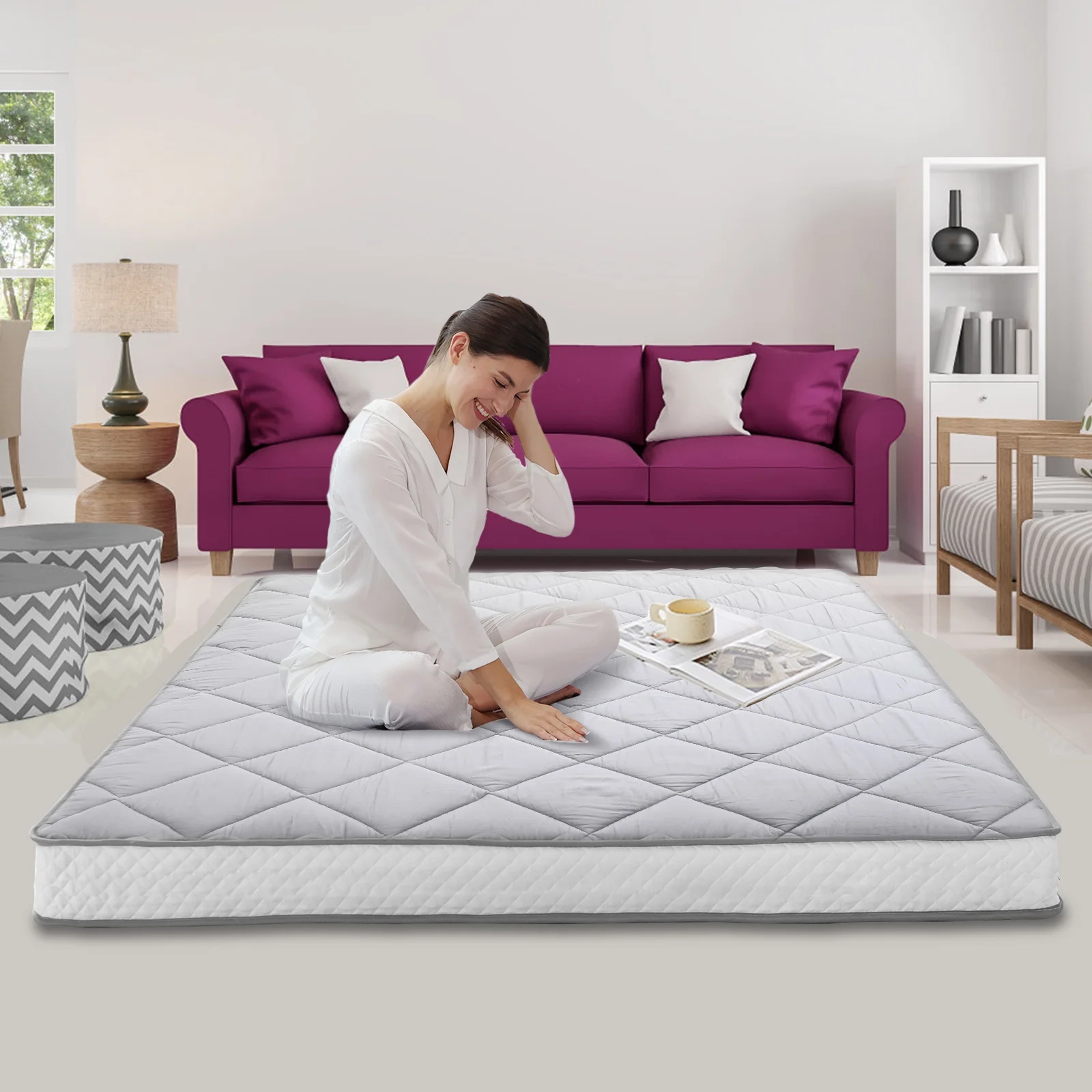 NAIZEA Diamond Patterned Futon Mattress, Extra Thick Japanese Floor Mattress Quilted Mattress Topper, Folding Floor Lounger Guest Bed Padded Sleeping Pad for Touring Car Camping,Twin