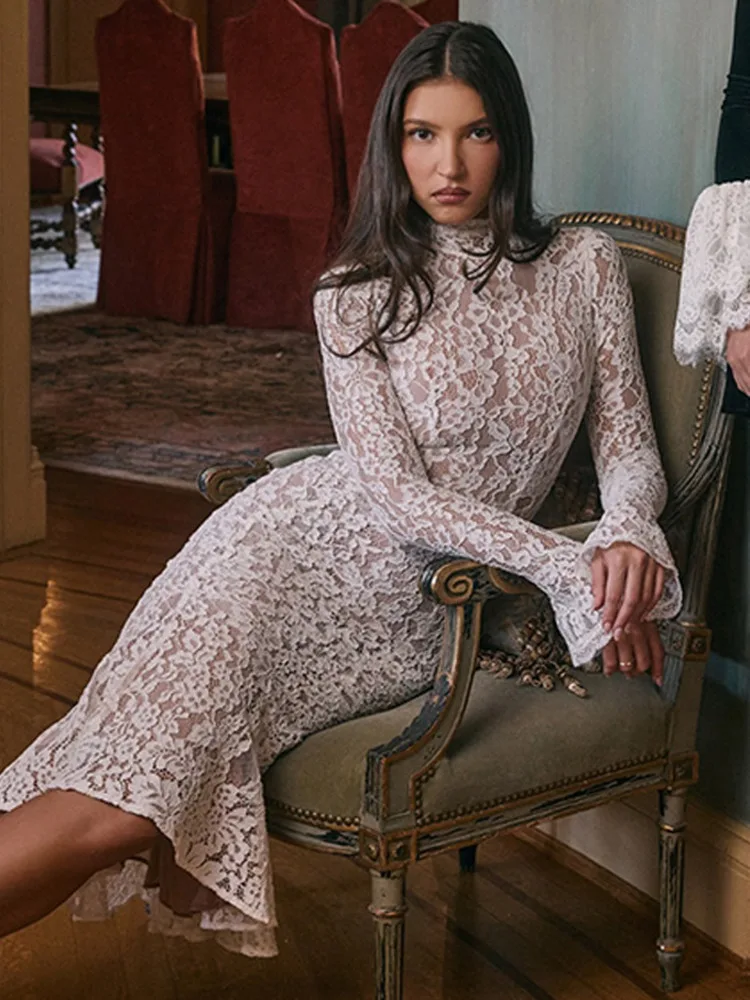 Elegant Lace Long Sleeve Bodycon Party Evening Dress Women 2025 New Autumn/Winter Tight Half High Neck Fishtail Dress - AZJHJ