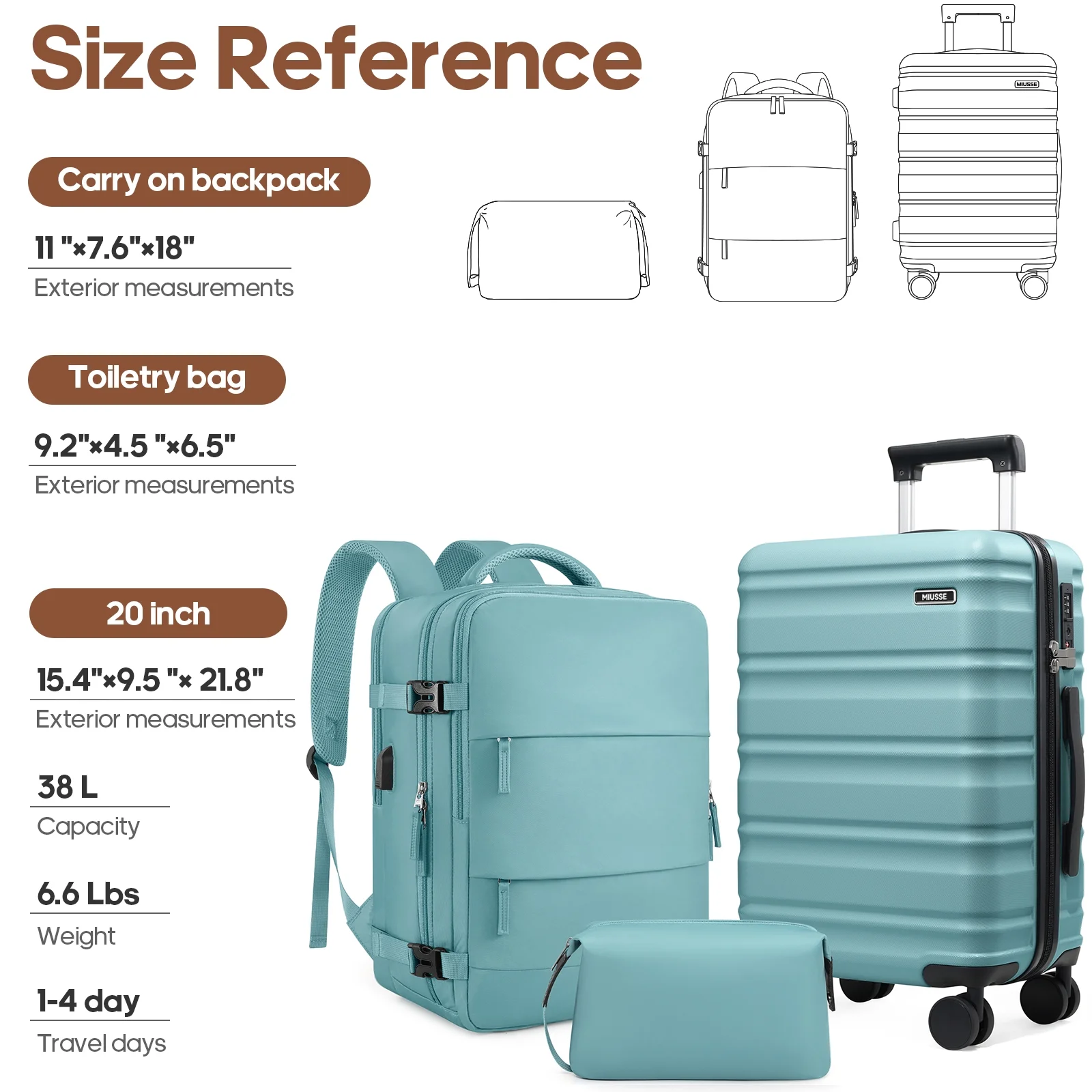 MIUSSE Luggage Sets 3 Piece, 20 Inch Carry On Luggage with Wheels, 100% PC Hardshell Suitcase with TSA Lock, Carry On Suitcases Airline Approved With Travel Backpack for Men Women - Image 10