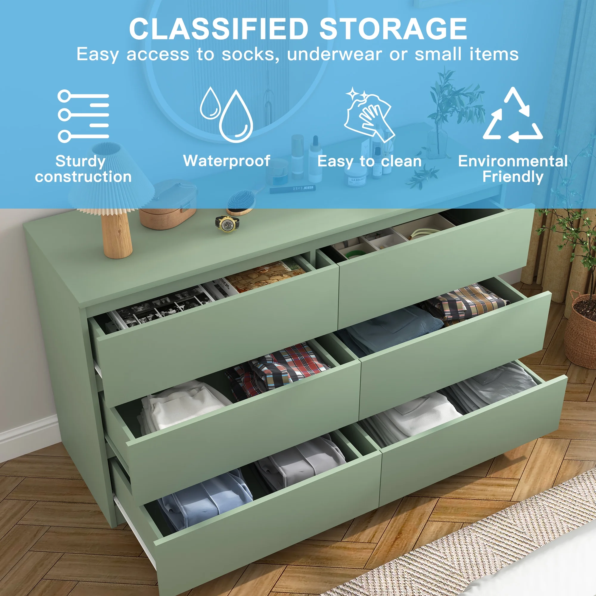 Kadyn White Chest of Drawer, 6 Double Drawer Dresser for Bedroom, Modern Storage Cabinet for Living Room, Dresser - Image 109