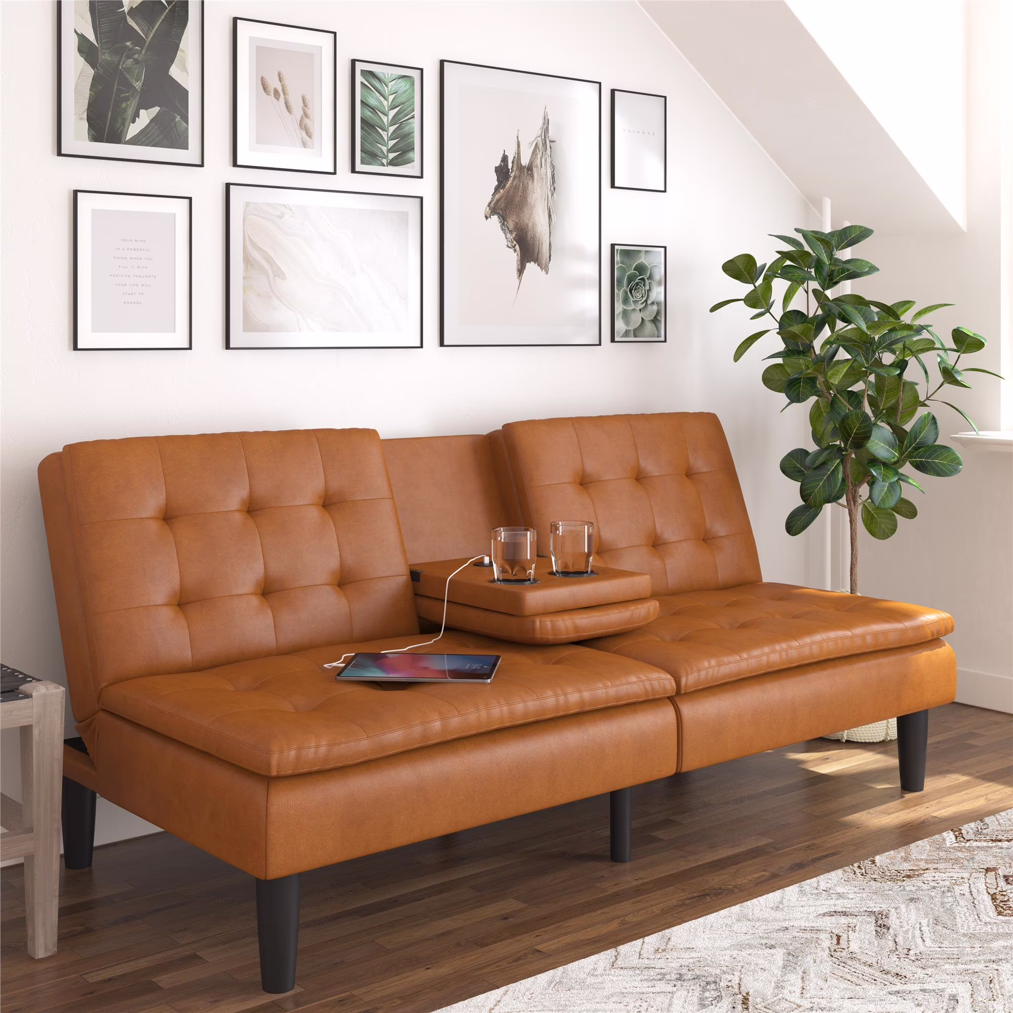 Mainstays Memory Foam 71.5" Futon with Cupholder and USB, Black Faux Leather - Image 3