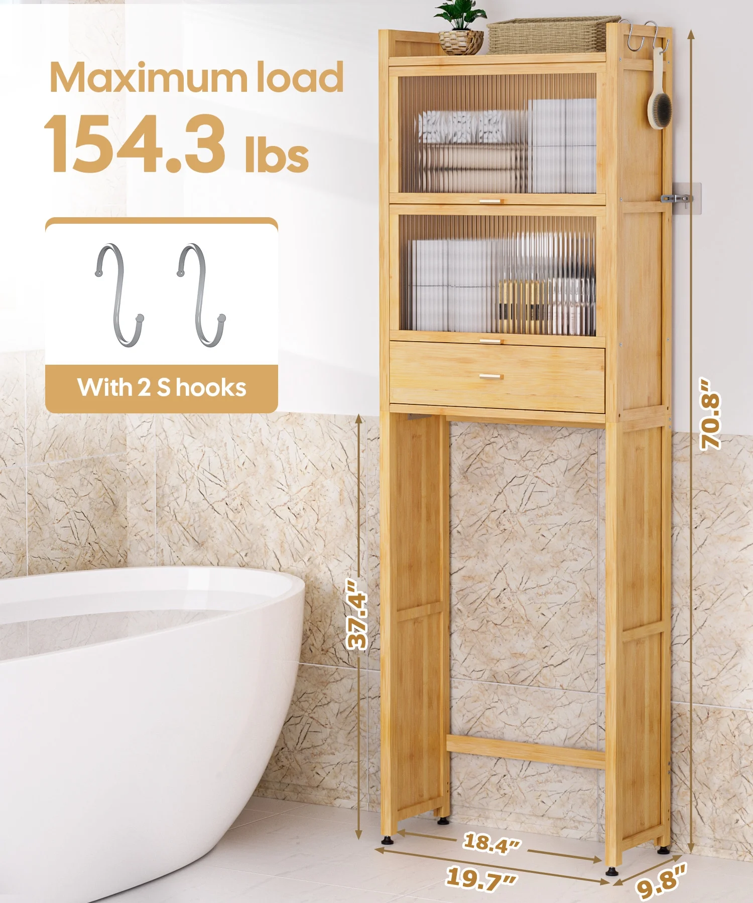 VigorPro Freestanding Over The Toilet Storage Cabinet, Bamboo Shelf with Drawer and Flip Door, Anti-Tip Design, Waterproof Feet Pad