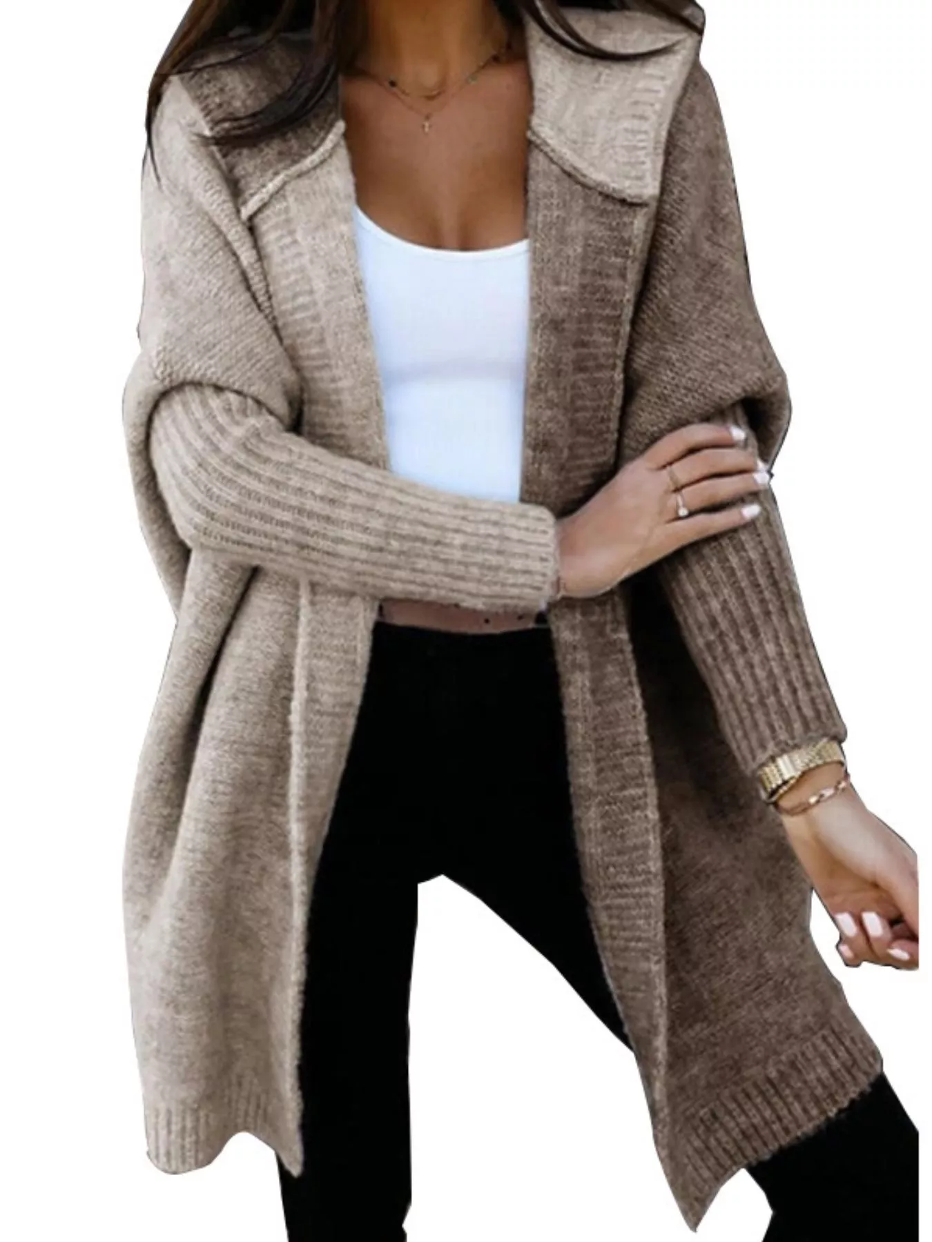 Two-Tone Open Front Knit Hooded Cardigan - ZKZOOK