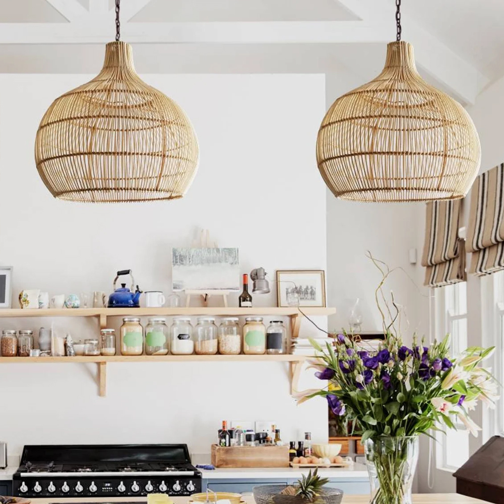 Arturesthome Boho Home Decor Kitchen Island Rattan Bamboo Pendant Light Basket Weave Linear Chandelier