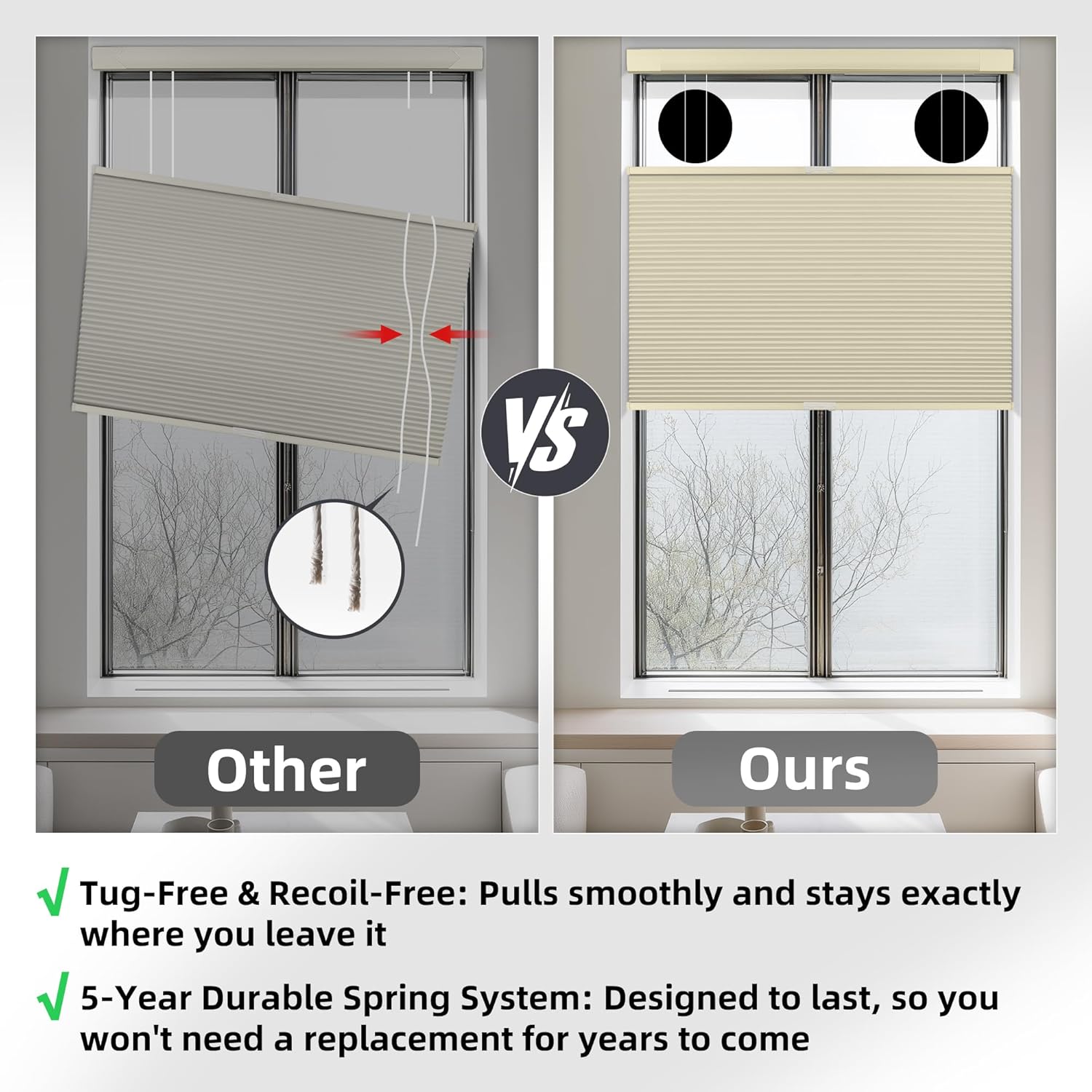BERISSA Top Down Bottom Up Cordless Cellular Shades No Tools No Drill Blinds for Windows Shades for Indoor Windows Easy to Install,52