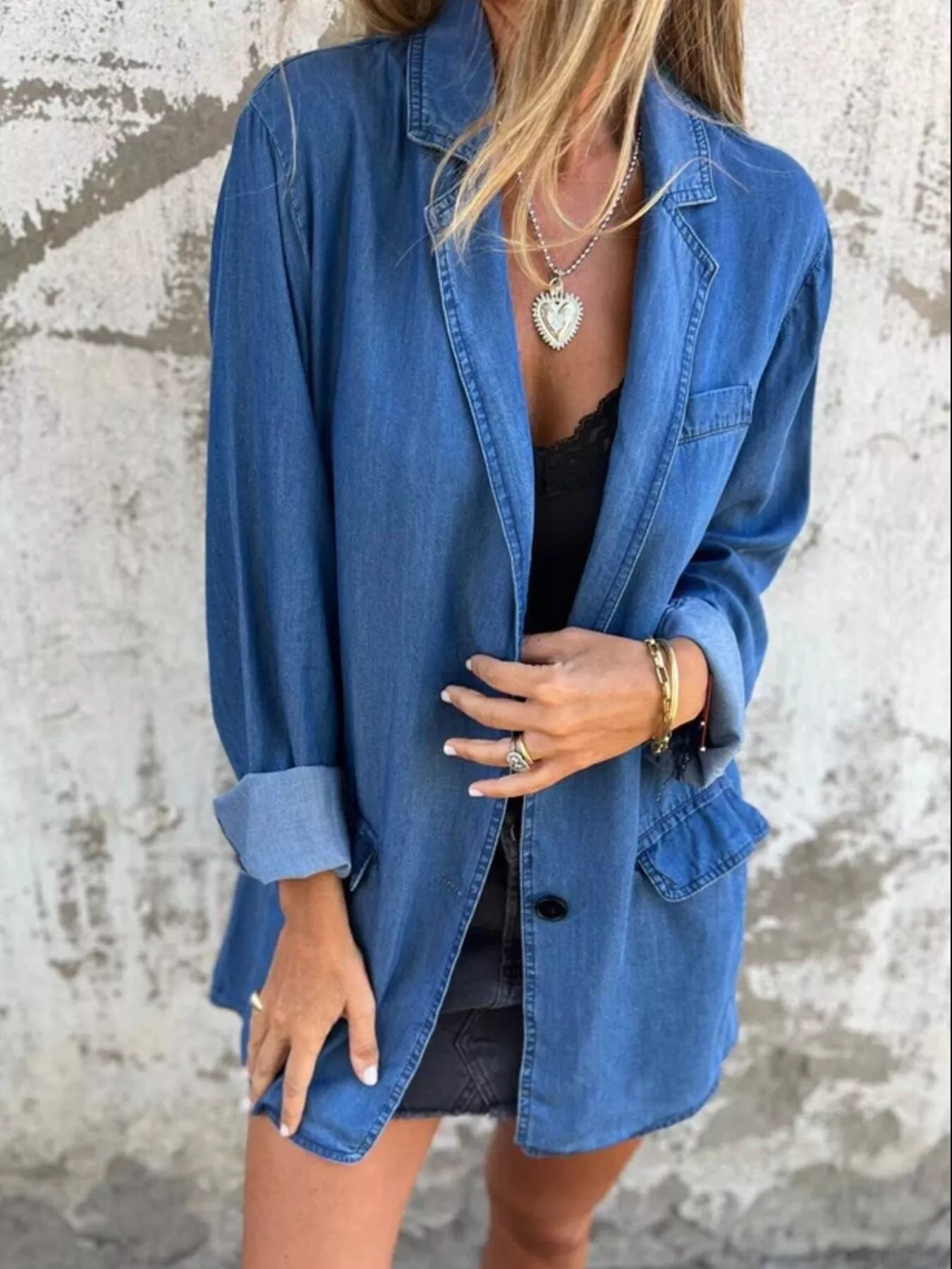 Full Size Button Down Denim Blazer Plus Size - ZKZOOK