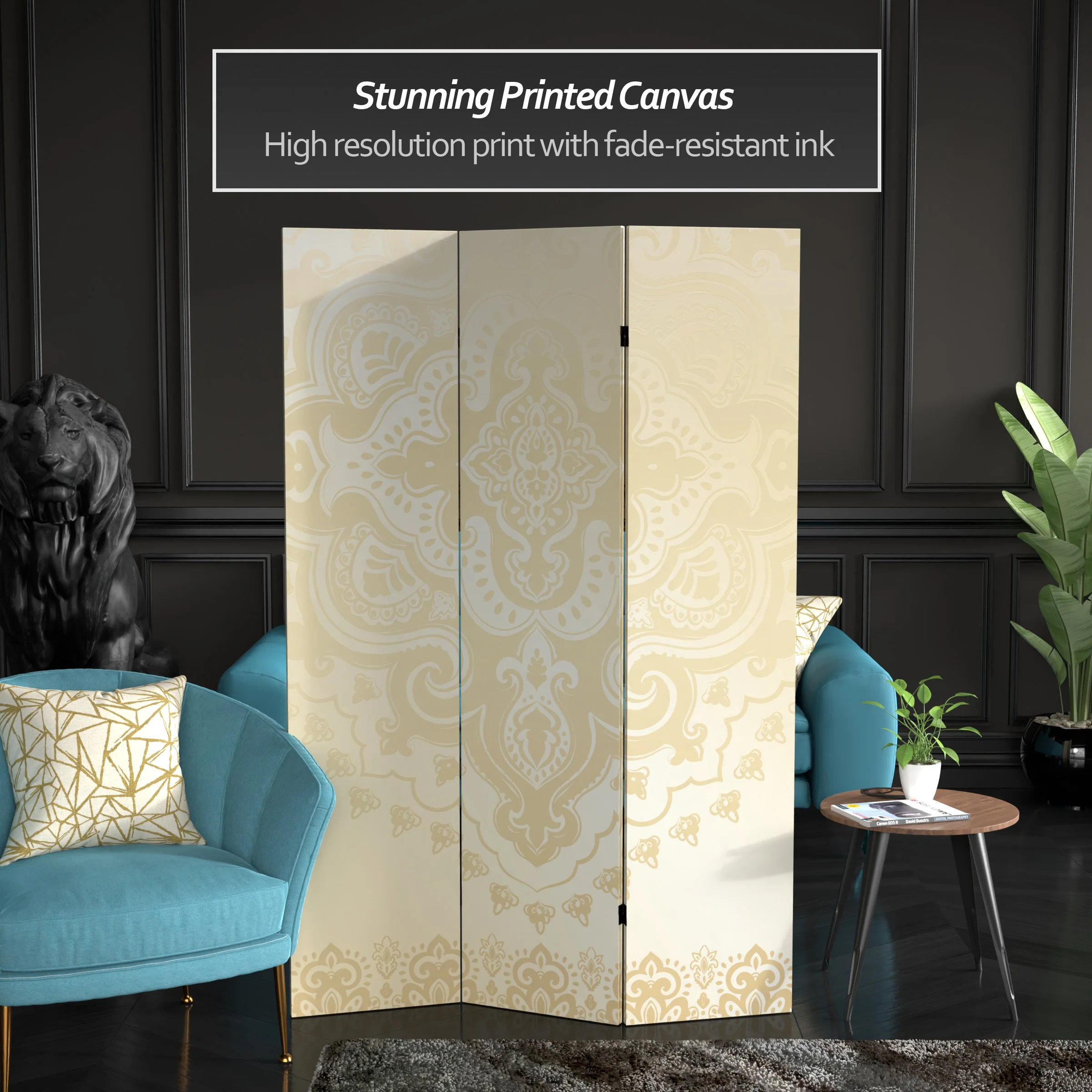 Oriental Furniture 6 ft. Tall Ivory Pattern Canvas Room Divider - 3 Panel