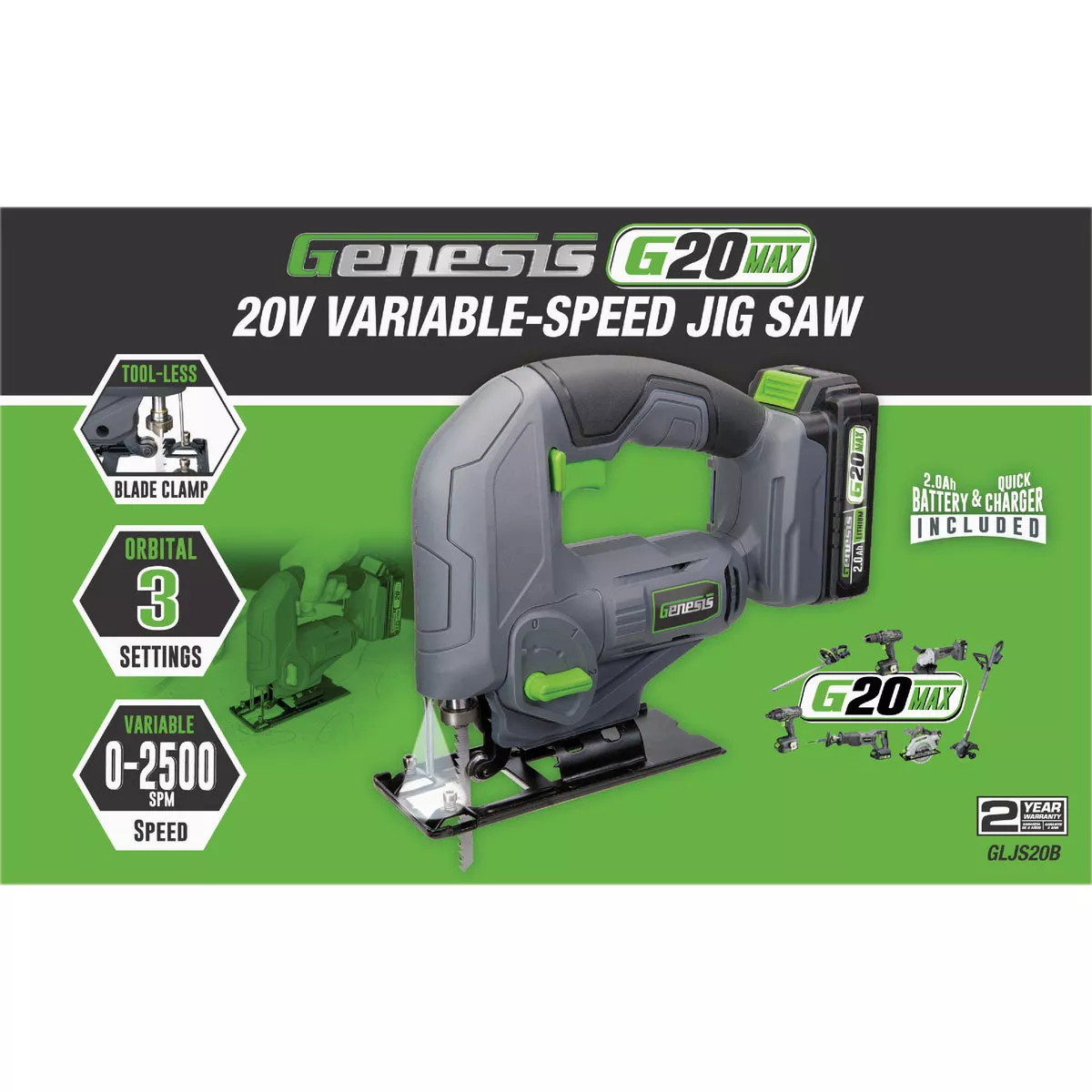 Genesis 20V Cordless Jig Saw Kit with 2.0 Ah Battery & Charger