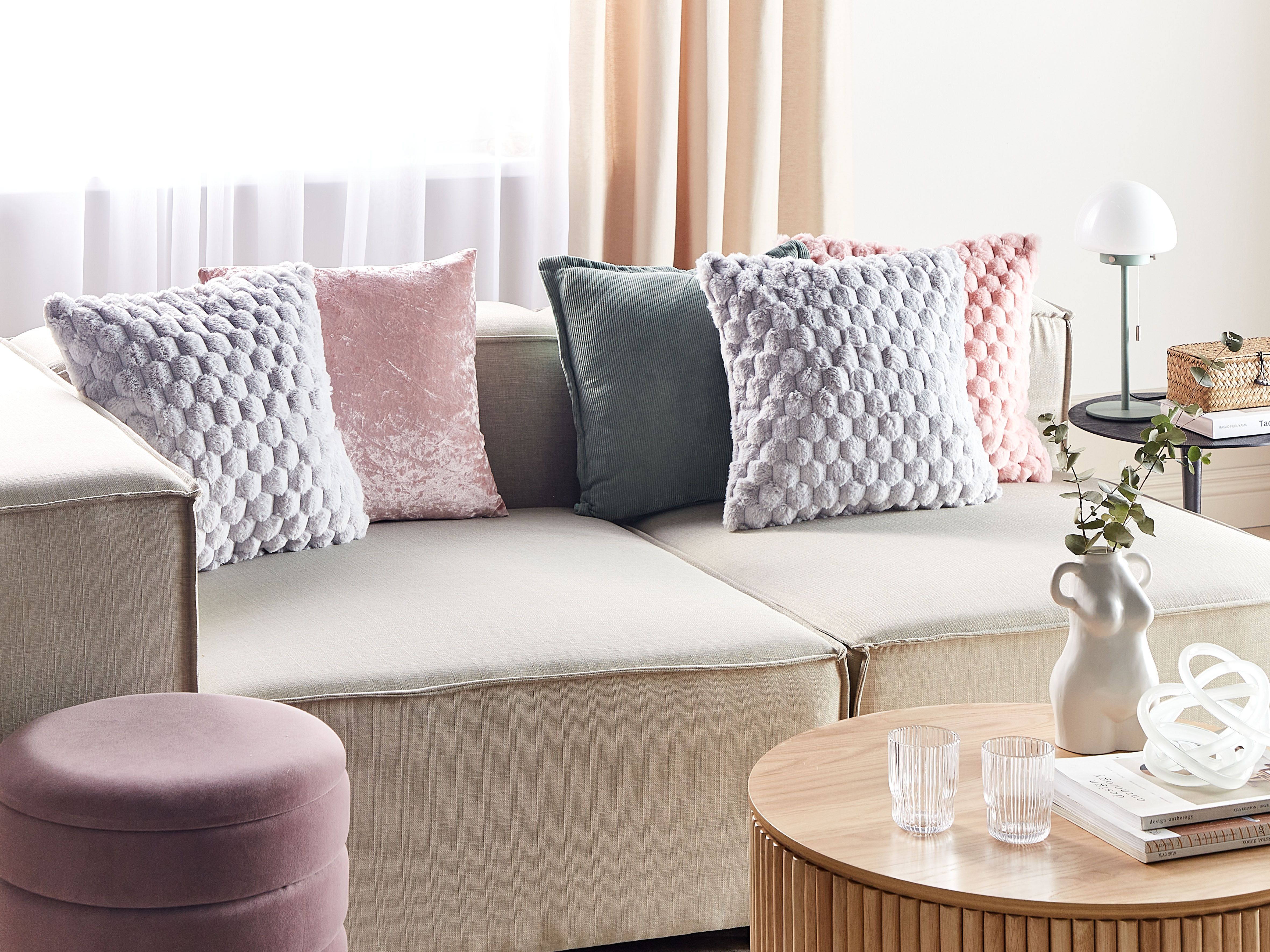 Set of 2 Decorative Cushions PURSLANE Faux Fur 43 x 43 cm Light Grey Geometric Pattern