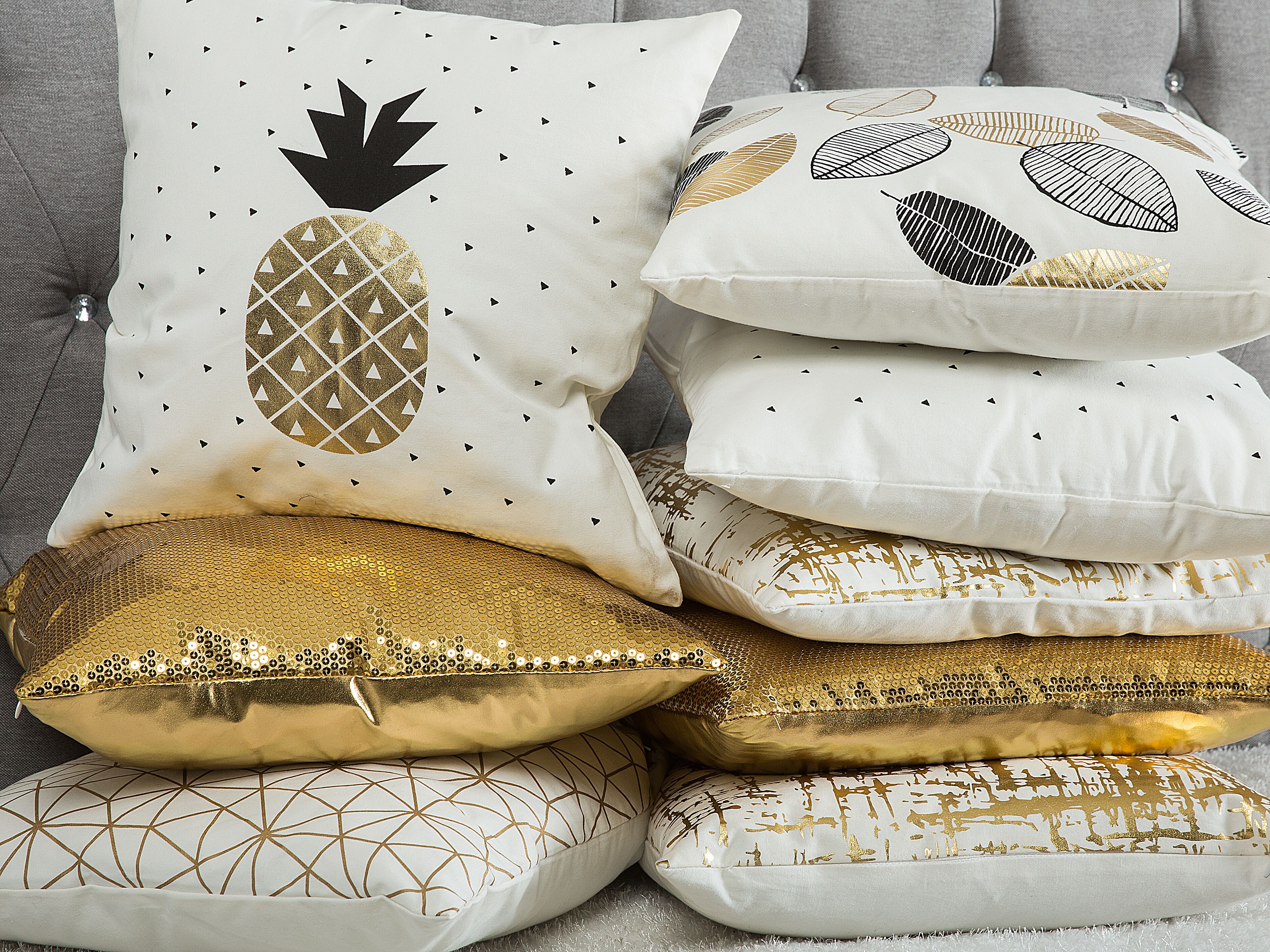 Set of 2 Decorative Cushions LOTUS Cotton 45 x 45 cm White Gold Black Plant Pattern