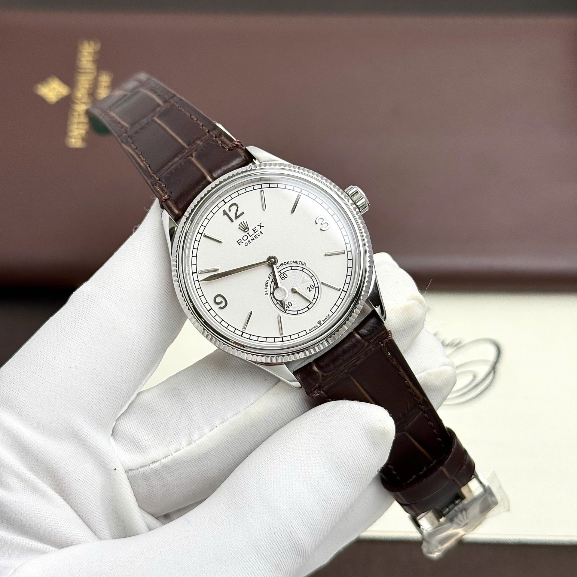 Rolex Perpetual 1908 Fake Watch White Dial Leather Strap 39mm - Elite Watch Atelier