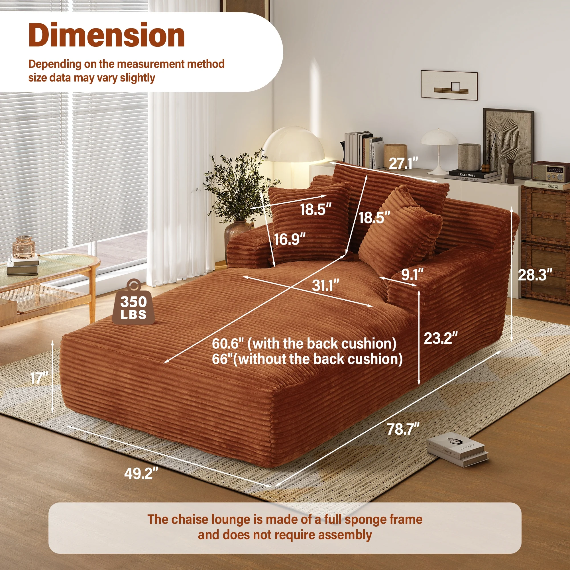 Aukfa 78.7" Extra Long Chaise Lounge Sofa, Oversized Upholstered Couch with 3 Pillows for Indoor Living Room/Bedroom,Orange - Image 2