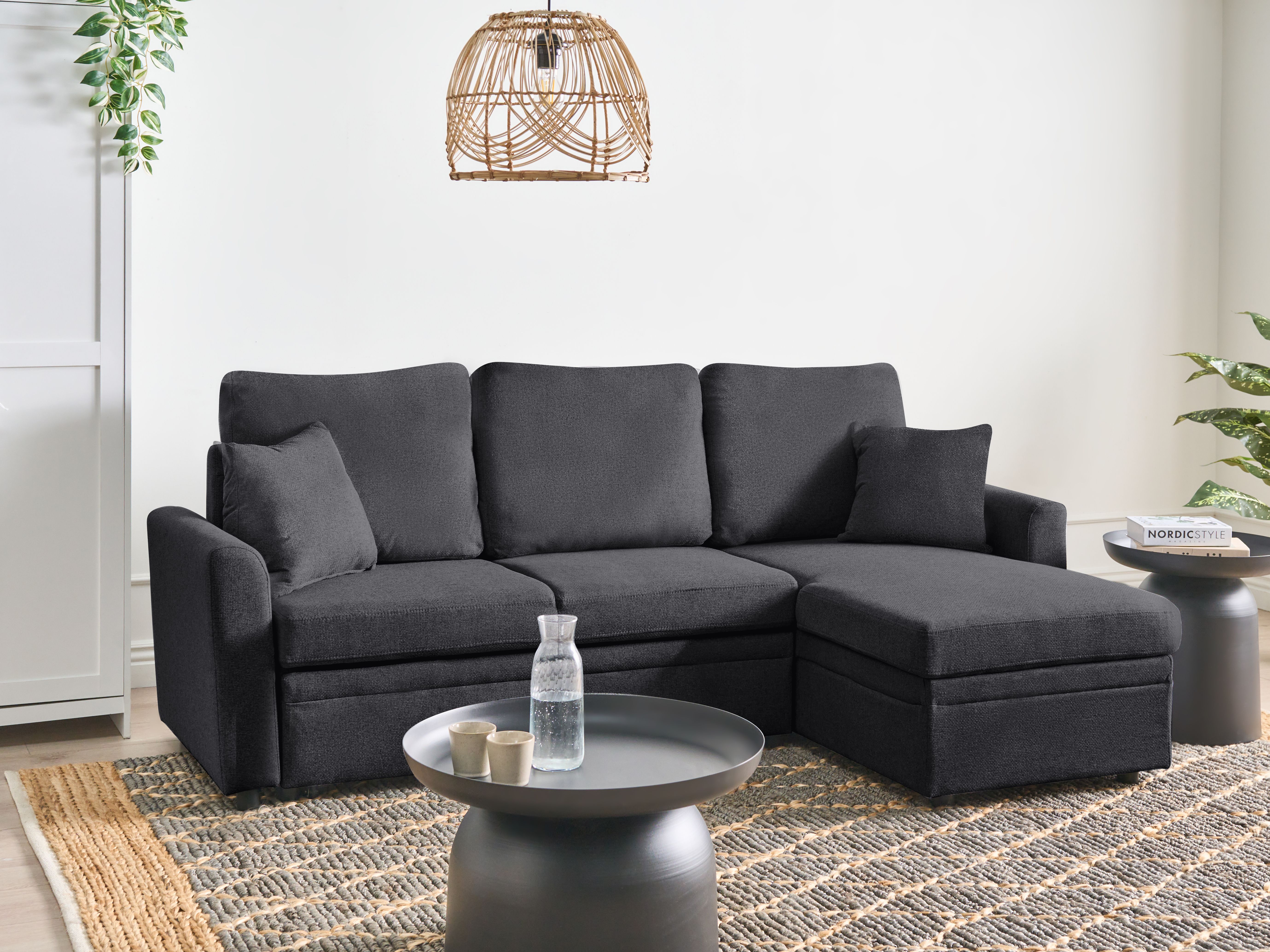 Corner Sofa Bed 3 Seater NASSJO Faux Linen Black Left Hand