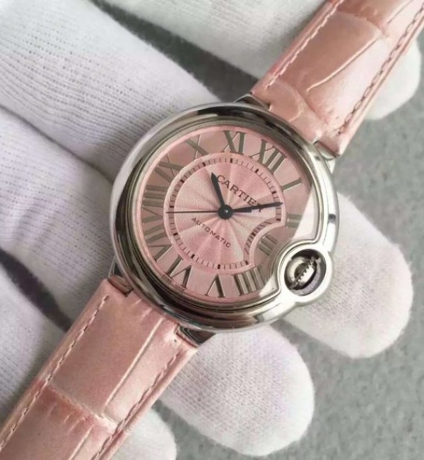 Replica Cartier V6F Ballon Bleu 33mm Pink Dial Pink Leather Strap SEIKO NH05A - Elite Watch Atelier