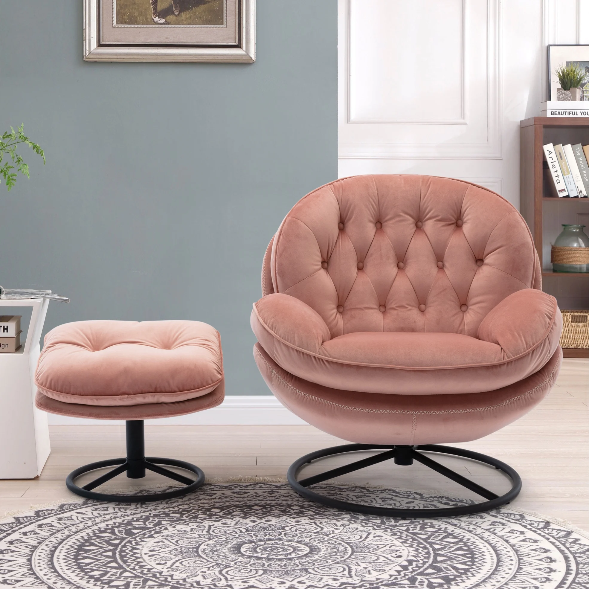 Velvet Swivel Accent Chair with Ottoman Set, Modern Tufted Armchair with Footrest for Living Room Reading TV Chairs for Adults, Comfy Chaise Lounge Chairs with 360 Degree Swiveling for Bedroom, Pink