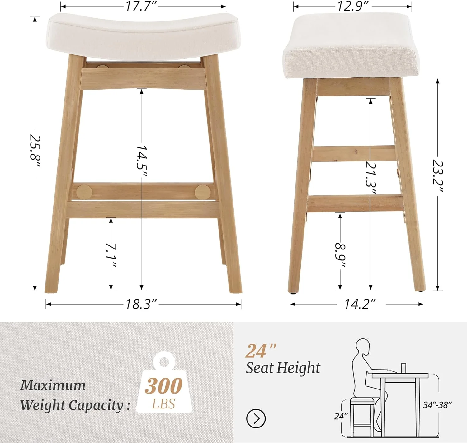 Dycanpo Saddle Seat Counter Height Bar Stools Set of 3 for Kitchen, Dining, 24in, Beige-Fabric - Image 9
